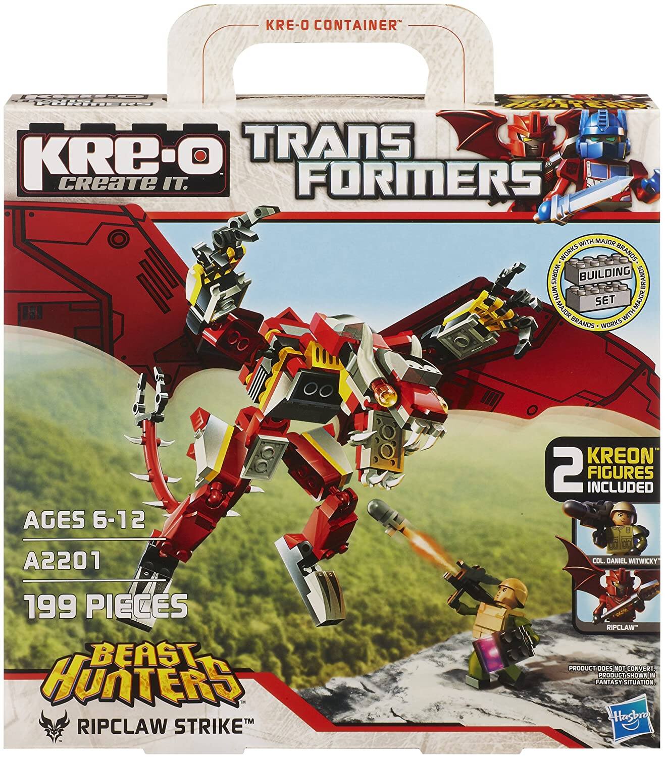 KRE-O CONTAINER TRANSFORMERS  
KRE-O CREATE IT.  
FORMERS WITH MAJOR WORKS BRANDS  
BUILDING BRANDS WITH MAJOR MISSION SET  
AGES 6-12  
A2201  
199 PIECES  
BEAST HUNTERS RIPCLAW STRIKE™  
2 KREON FIGURES INCLUDED  
COL. DANIEL WITWICKY  
RIPCLAW  
PRODUCT DOES NOT CONVERT PRODUCT/SHOWN IN FANTASY SITUATION  
Hasbro
