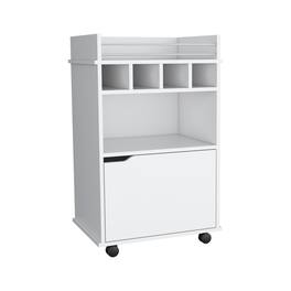 TuHome - Phoenix Bar Cart with 2 Open Shelves, 4 Wine Cubbies And a Cabinet, Living Room or Bar Room - White