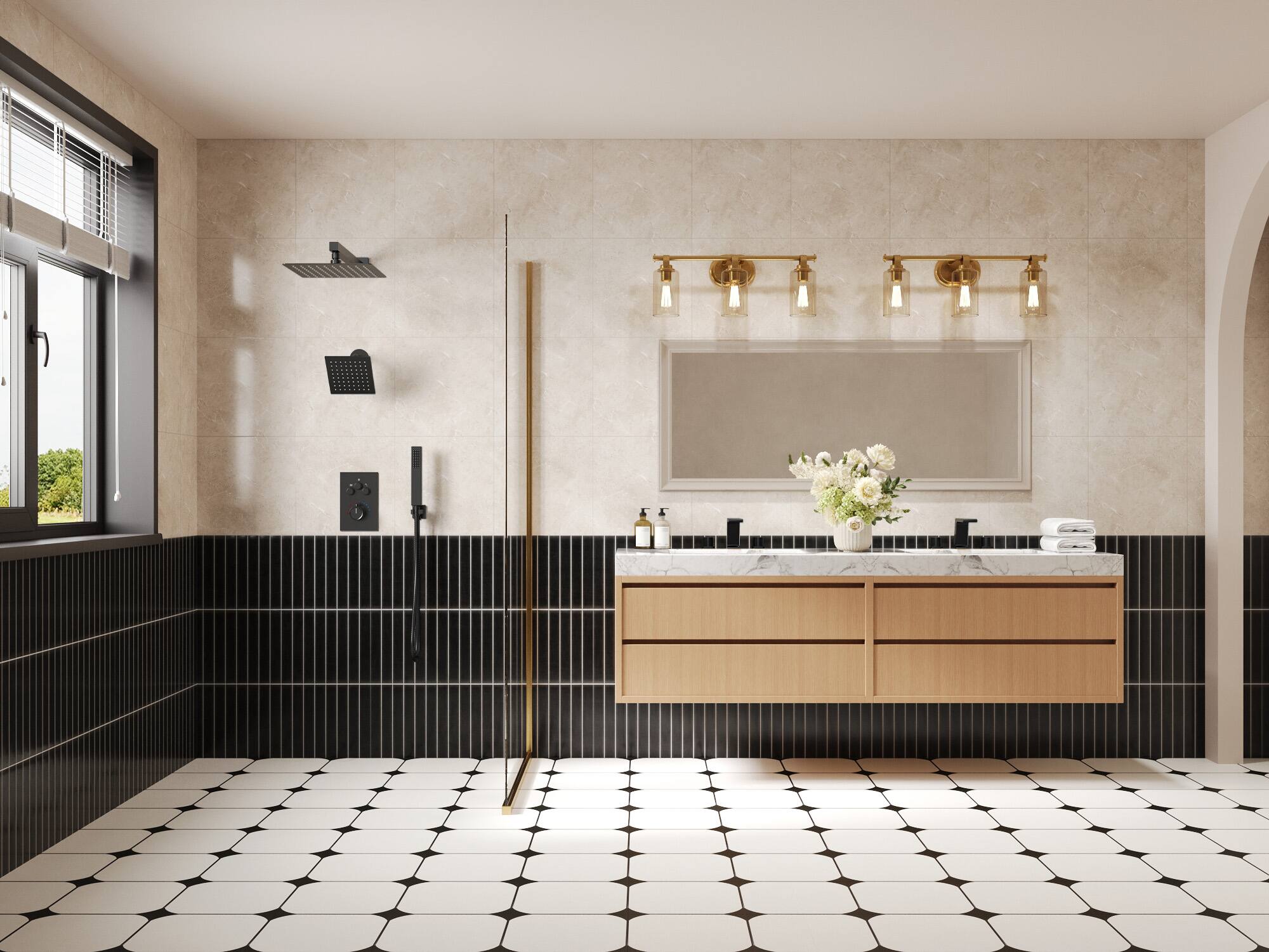 Left. GRANDJOY - 12" Dual Rain Shower System with Handheld Shower, Thermostatic Valve and 3 Function Diverter Faucet Set - Matte Black.