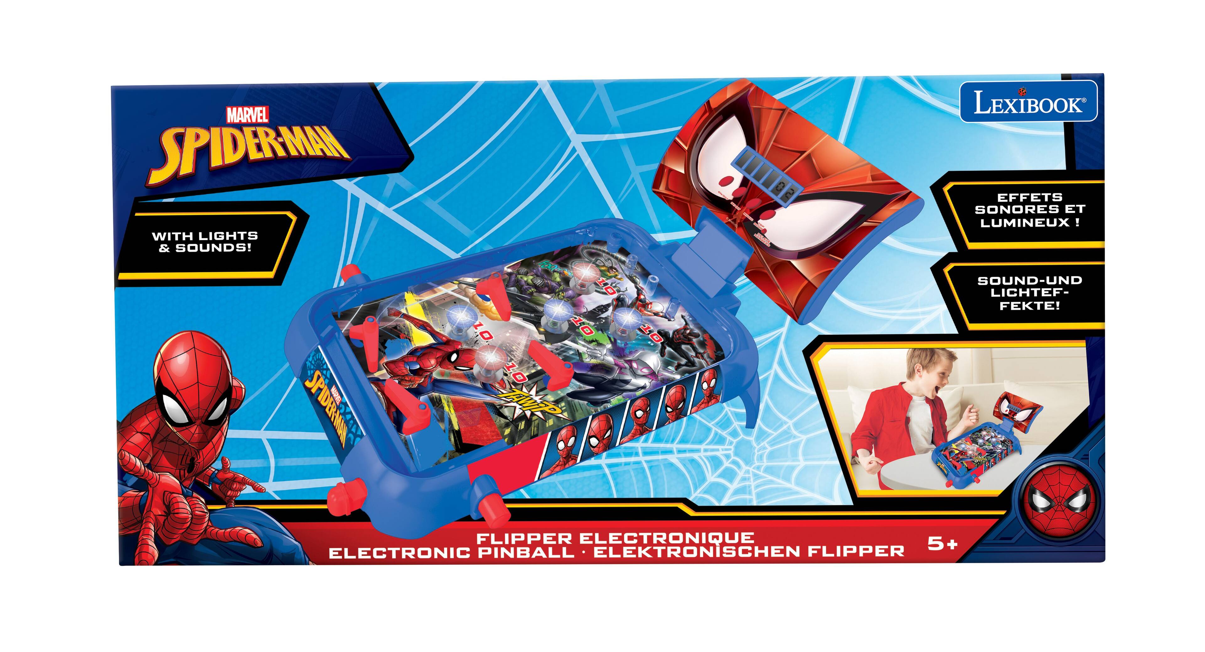 MARVEL SPIDER-MAN WITH LIGHTS & SOUNDS!  
SEAIL  
LEXIBOOK EFFETS SONORES ET LUMINEUX! !  
MARVEZ SPIDER-MAN  
10 10  
0  
0  
SOUND-UND LICHTEF- FEKTE!  
FLIPPER ELECTRONIQUE 5+ ELECTRONIC PINBALL ELEKTRONISCHEN FLIPPER