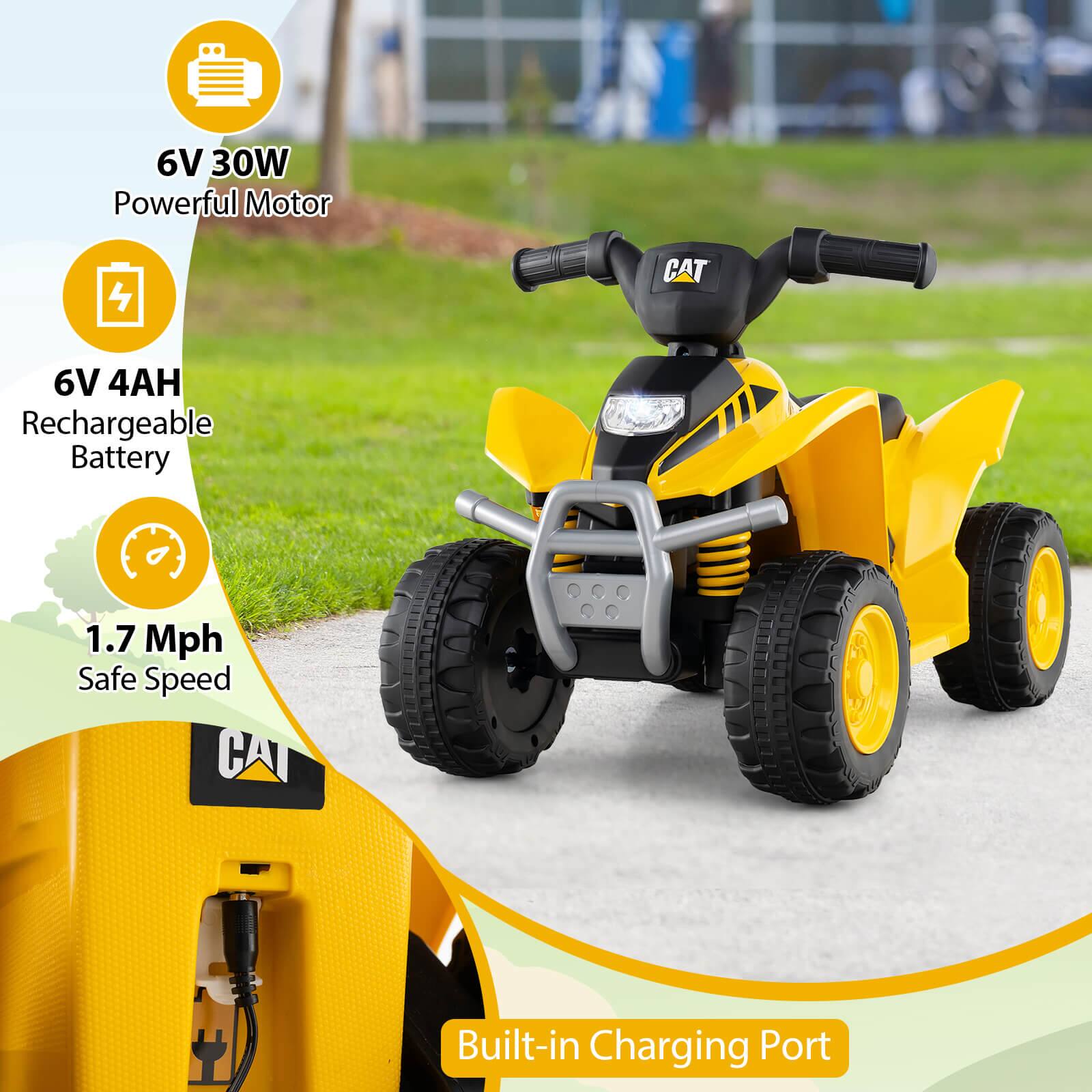 6V 30W Powerful Motor  
6V 4AH Rechargeable Battery  
1.7 Mph Safe Speed  
Built-in Charging Port