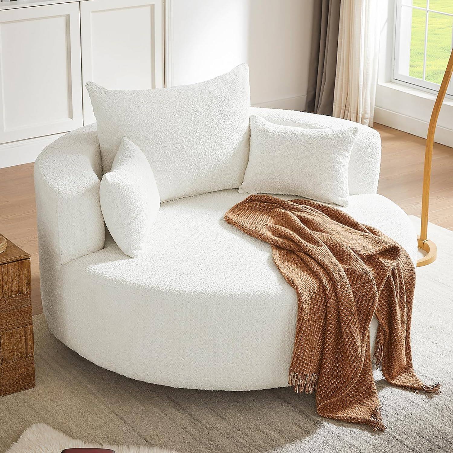 Front. Trinkets Crazed - Oversized Round Swivel Barrel Chair, Large Upholstered Accent Sofa Chair with 3 Pillow - beige.