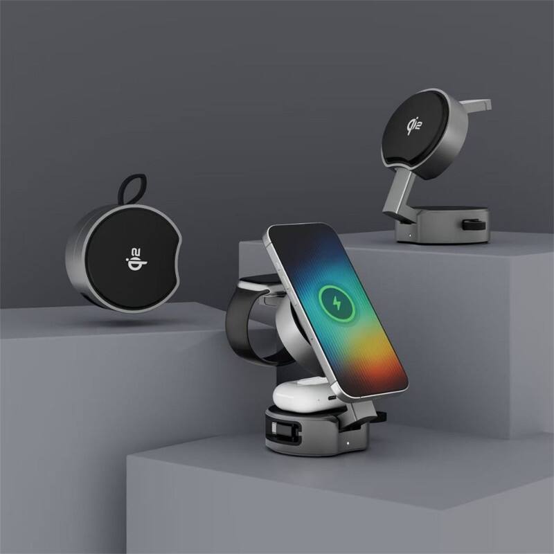 Left. SKRAN - QI2 Phone Stand - 15W Fast 3-in-1 Wireless Chargerwith Built-in Retractable Cable, Charging for Apple Devices - Silver.