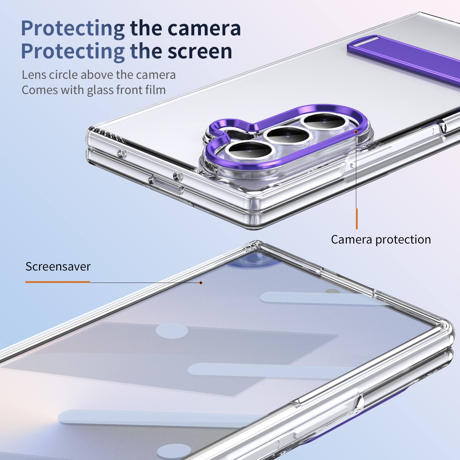 Protecting the camera  
Protecting the screen  
Lens circle above the camera  
Comes with glass front film  

Screensaver  
Camera protection