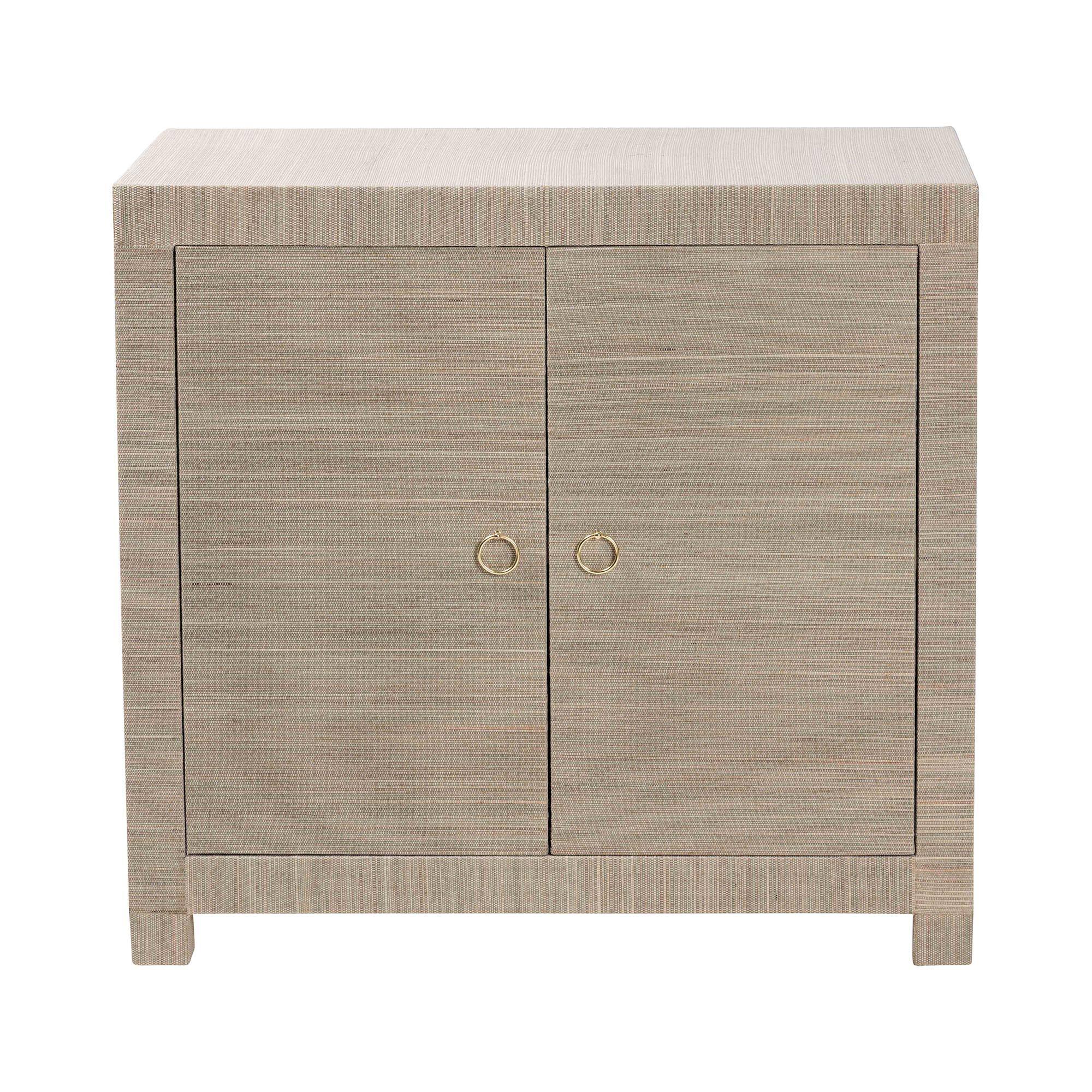 Left. bali & pari - bali & pari Halen Natural Grasscloth Storage Cabinet - Two-Door Console Storage Solution with Gold Ring Pulls - Beige.