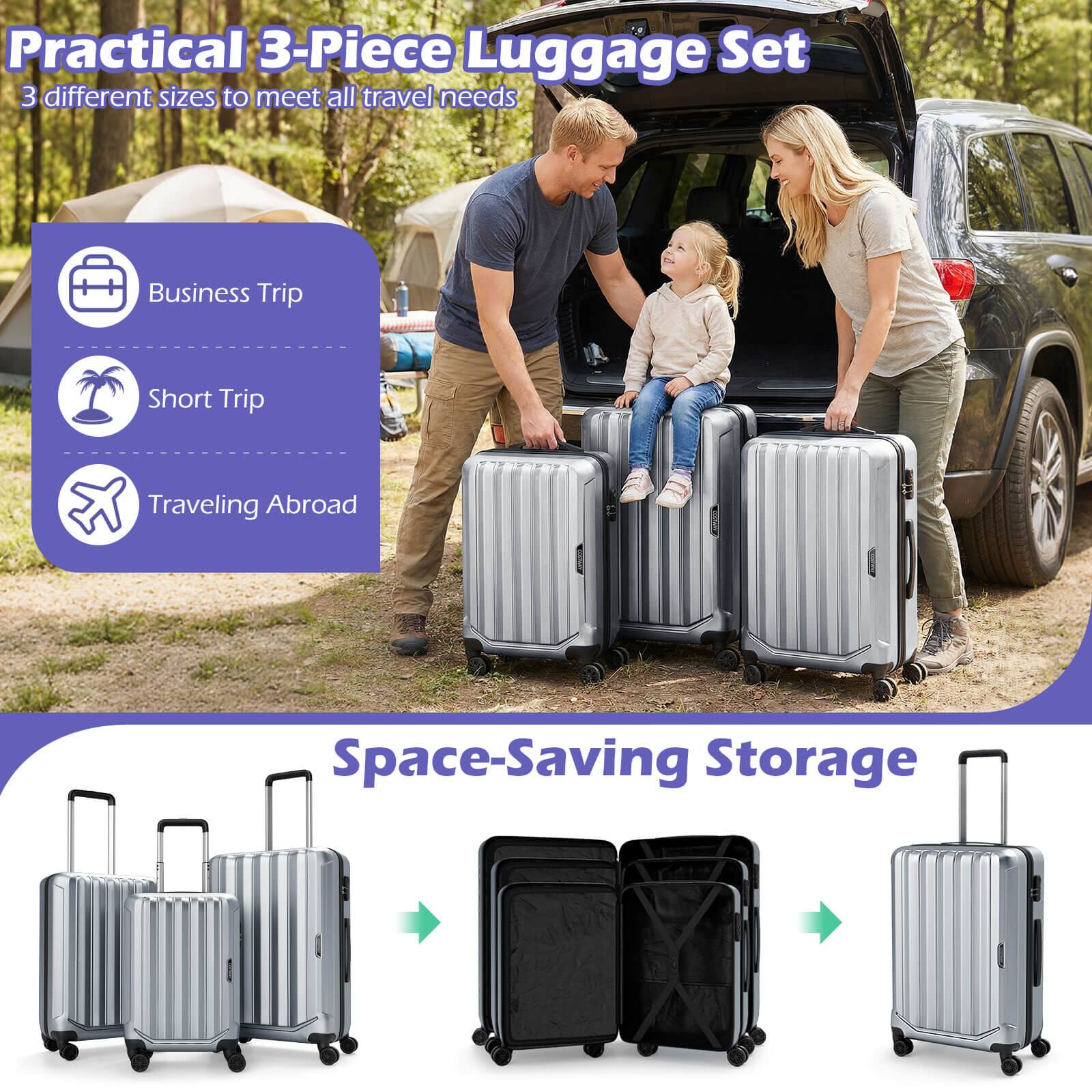 Practical 3-Piece Luggage Set  
3 different sizes to meet all travel needs

- Business Trip
- Short Trip
- Traveling Abroad

Space-Saving Storage
