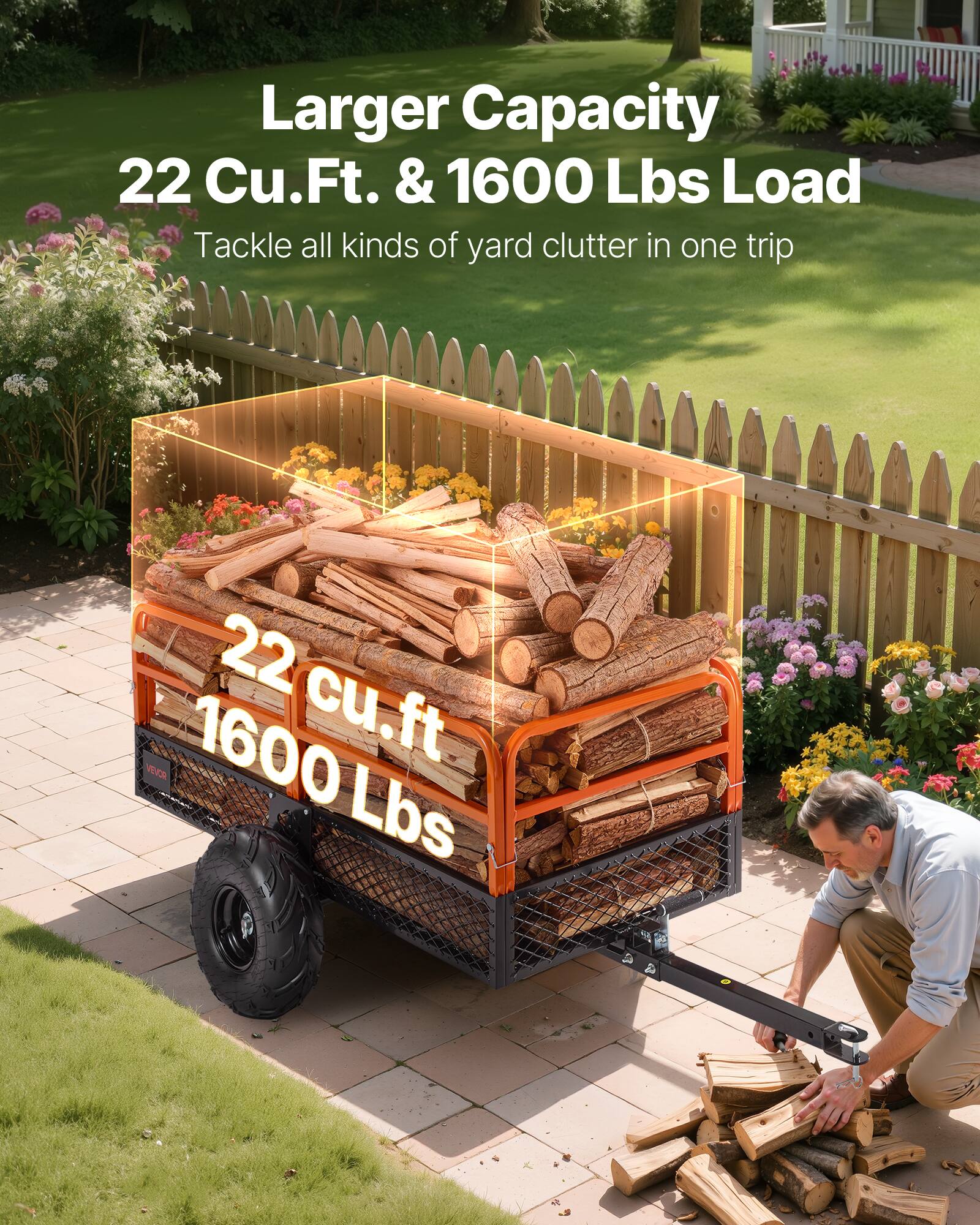 Larger Capacity  
22 Cu.Ft. & 1600 Lbs Load  
Tackle all kinds of yard clutter in one trip  

22 cu.ft  
1600 Lbs
