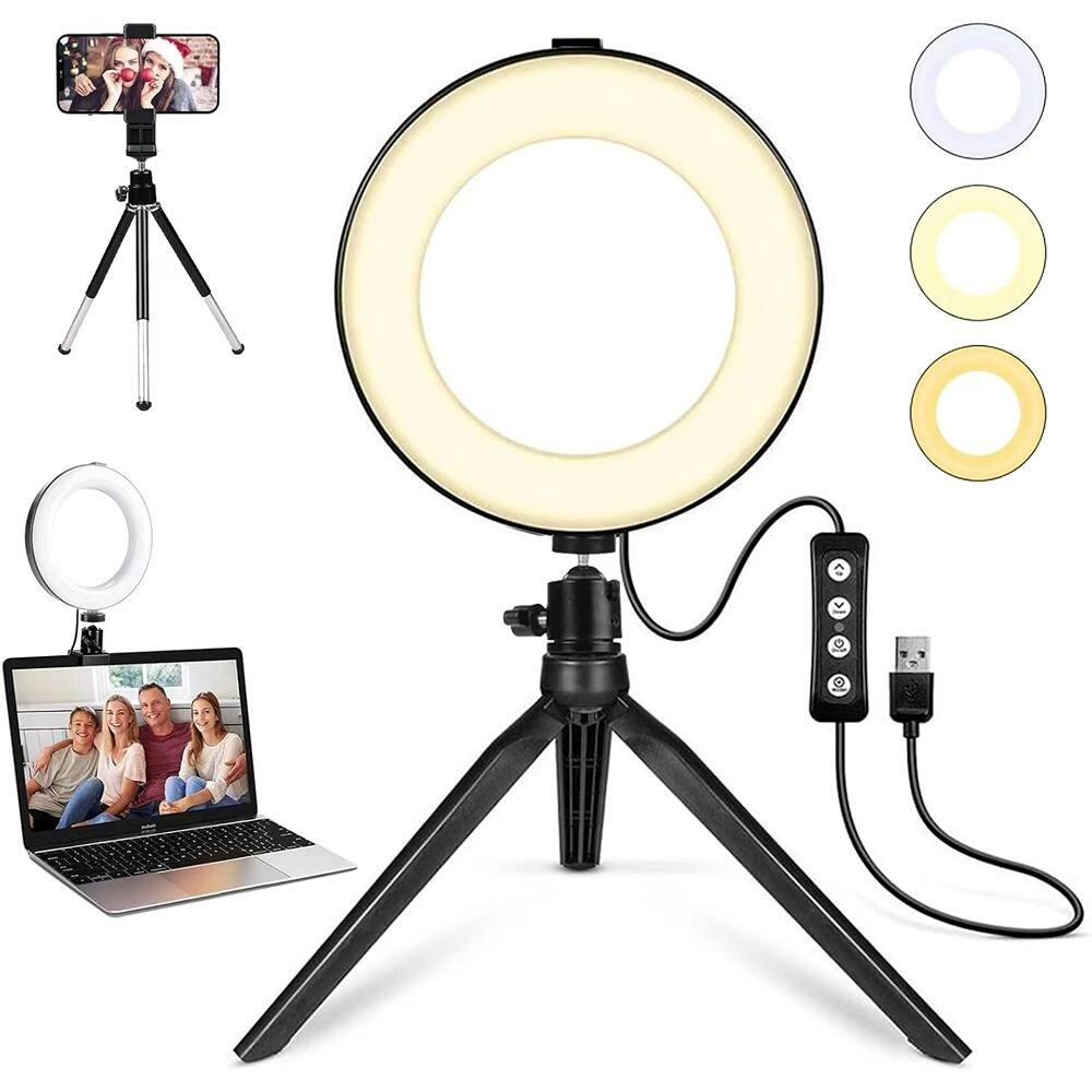 Front. PARKER SLATER - 6" LED ring light with tripod and clamp, 3 light modes, 11 brightness levels, ideal for video and makeup..