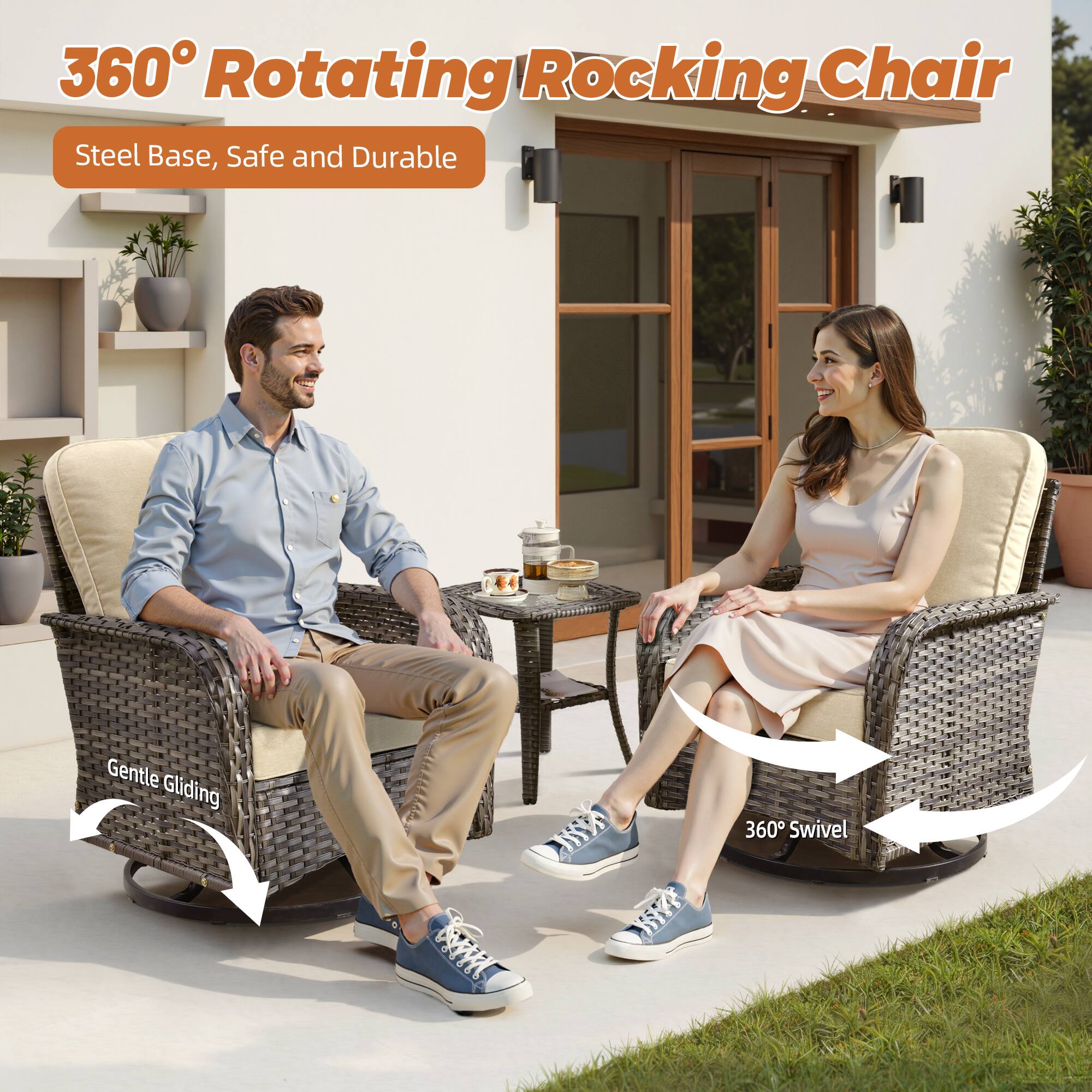 360° Rotating Rocking Chair  
Steel Base, Safe and Durable  

Gentle Gliding  
360° Swivel