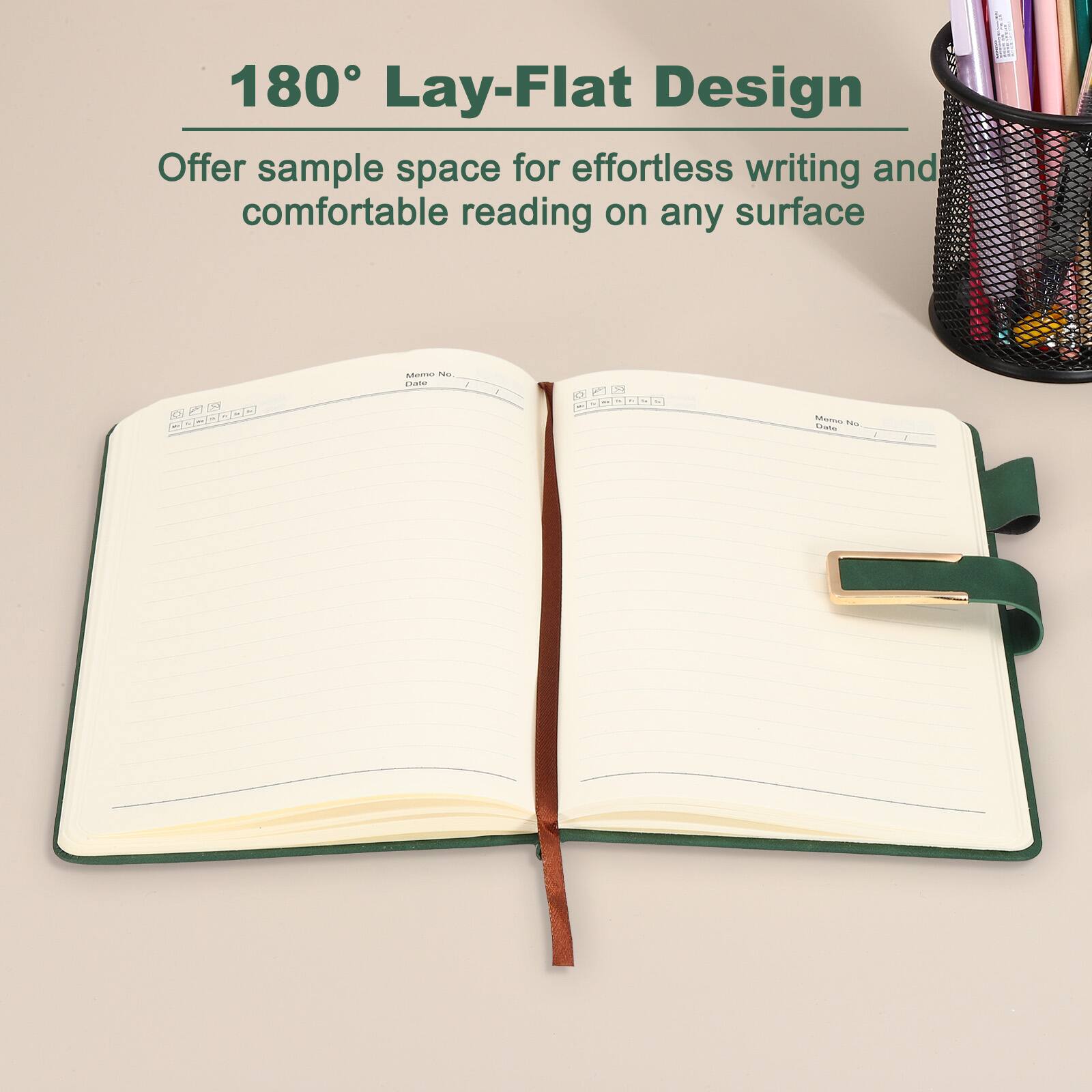 180° Lay-Flat Design  
Offer sample space for effortless writing and comfortable reading on any surface