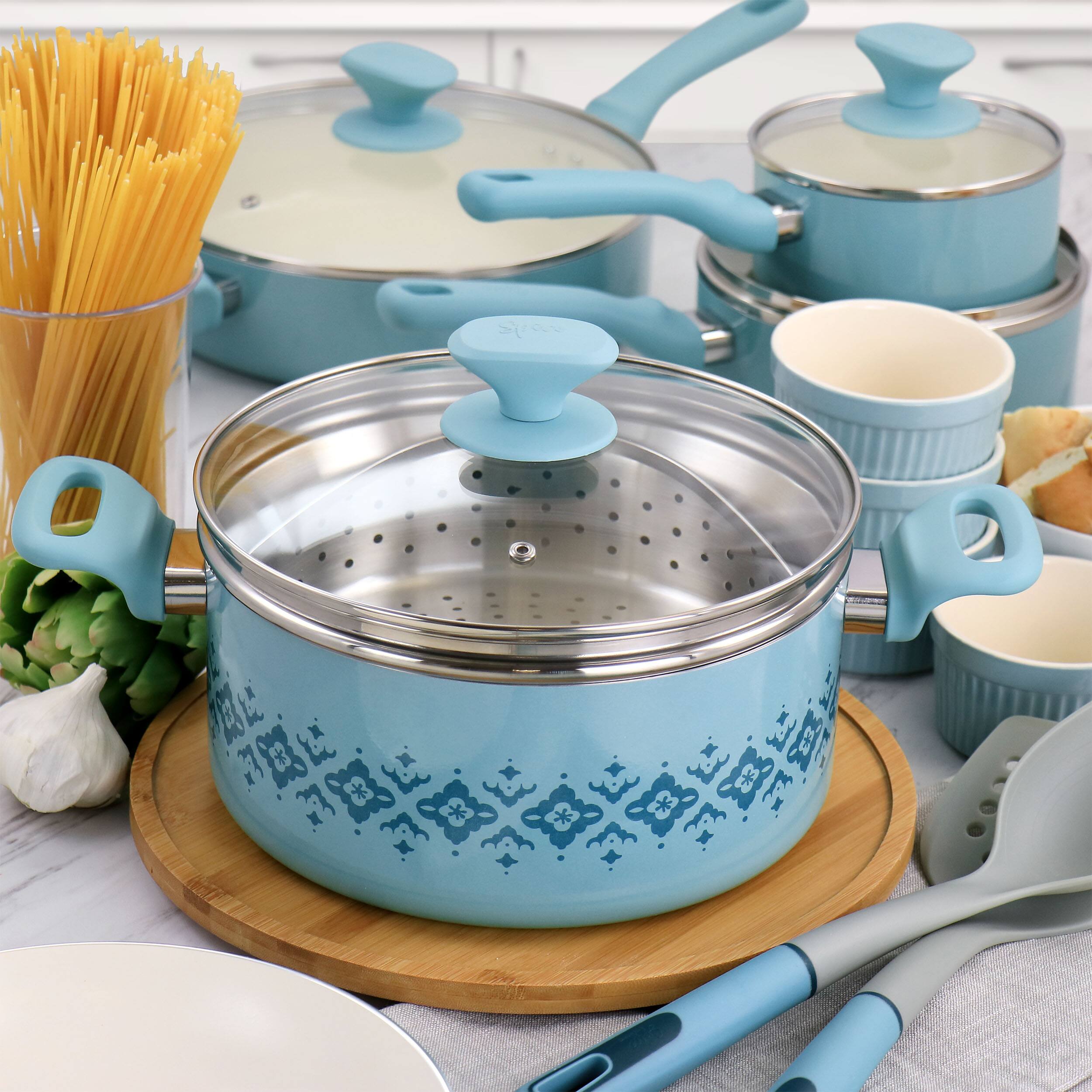Alt View 10. Brentwood - Spice by Tia Mowry Savory Saffron 16 Piece Ceramic Nonstick Cookware Set - Blue.