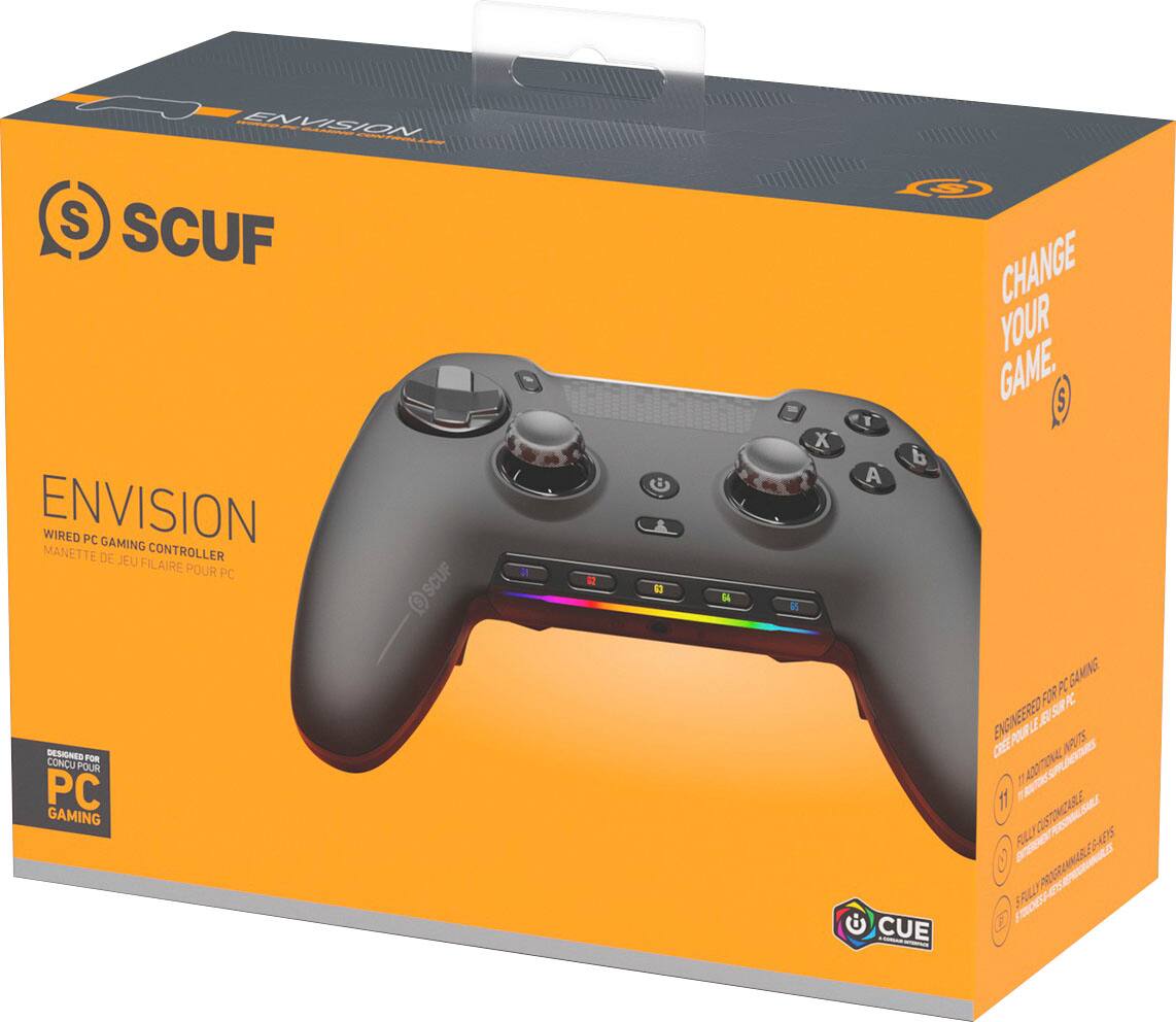 "ENVISION S SCUF ENVISION WIRED PC GAMING MANETTE DE JEU CONTROLLER FILAIRE POUR PC DESIGNED FOR CONCU POUR PC GAMING 0 OSCUF 12  LA i X S CHANGE YOUR GAME."