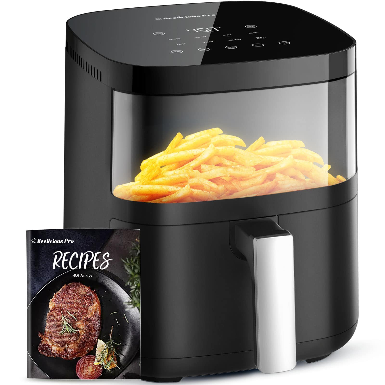 Beelicious - 8-in-1 4QT Air Fryer, 450F Compact Airfryer with Viewing Window, Shake Reminder, Dishwasher-Safe - BLACK