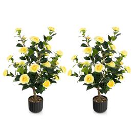 Costway - 2-Pack 38" Artificial Camellia Tree Faux Floral Plant for Decoration - Yellow
