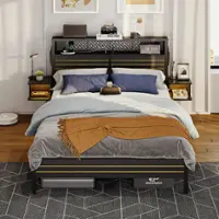 Bestier Queen Gaming Bed Frame Golden Stripe Headboard LED Nightstands with Charging Station - Black - Front_Zoom
