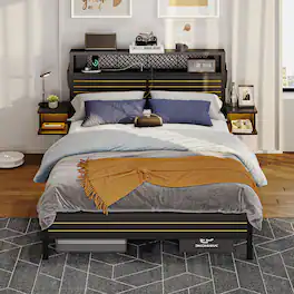 Bestier - Queen Gaming Bed Frame Golden Stripe Headboard LED Nightstands with Charging Station - Black