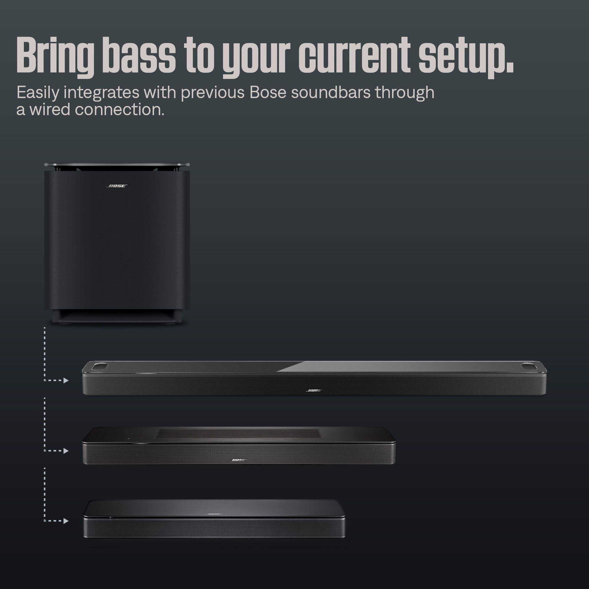 Bring bass to your current setup.  
Easily integrates with previous Bose soundbars through a wired connection.
