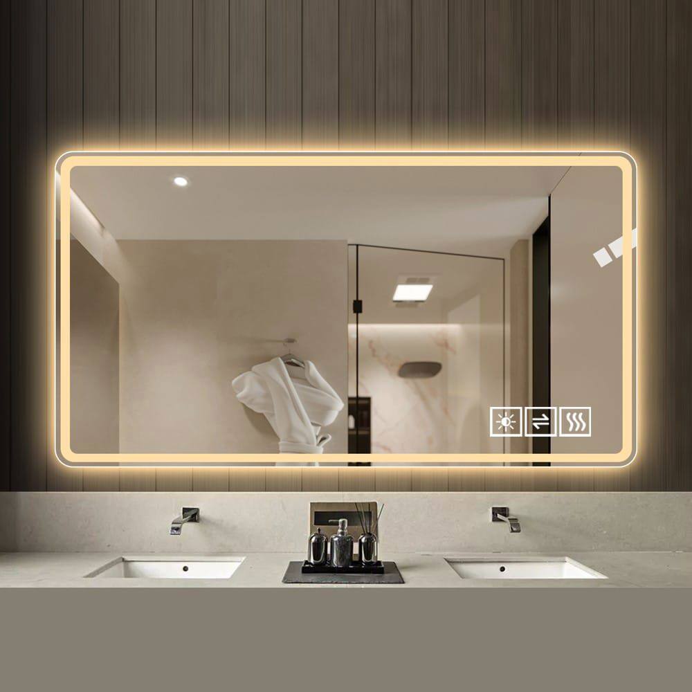 Angle. Kadyn - 48"x24" Black Frame LED Vanity Mirror, Rounded Corners/Temp Display/Tri-Color Light/Anti-Fog Aluminum Alloy Frame.