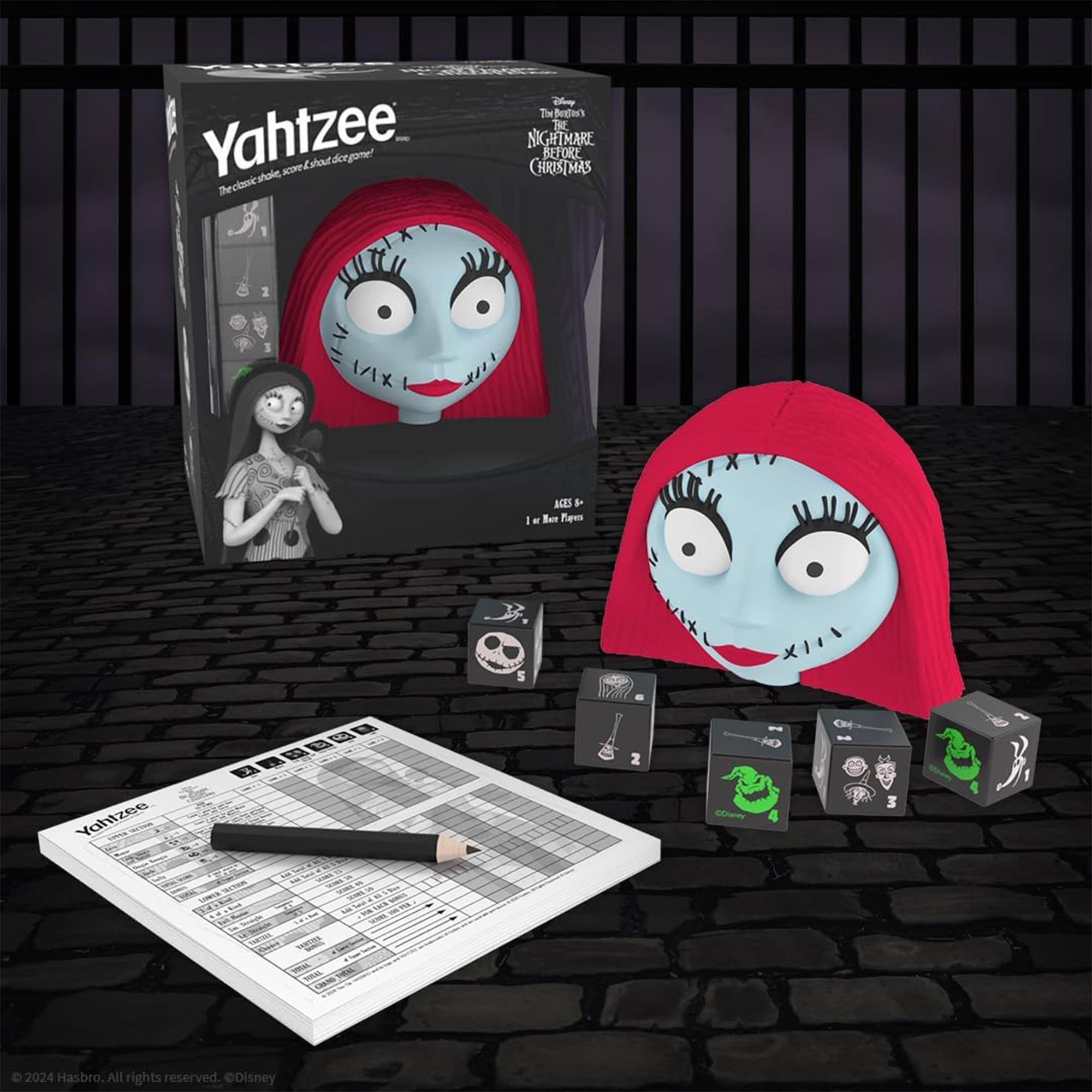Yahtzee: The classic dice, score-keeping game! The Nightmare Before Christmas IV 1 Aces P I - Bo Fees Yohtzee P S 2 3 VErIa 2024 Hasbro. All rights reserved. Disney