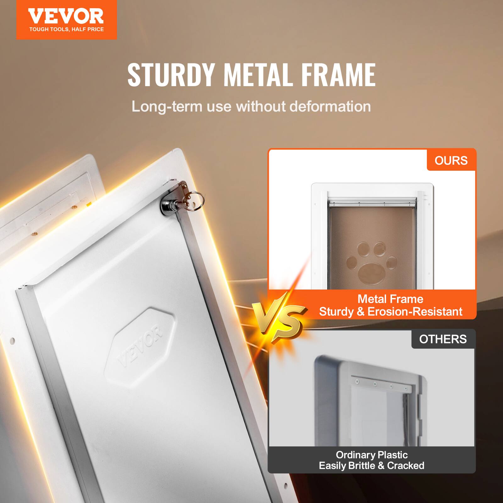 VEVOR  
TOUGH TOOLS, HALF PRICE  

STURDY METAL FRAME  
Long-term use without deformation  

OURS  
Metal Frame  
Sturdy & Erosion-Resistant  

VS  

OTHERS  
Ordinary Plastic  
Easily Brittle & Cracked