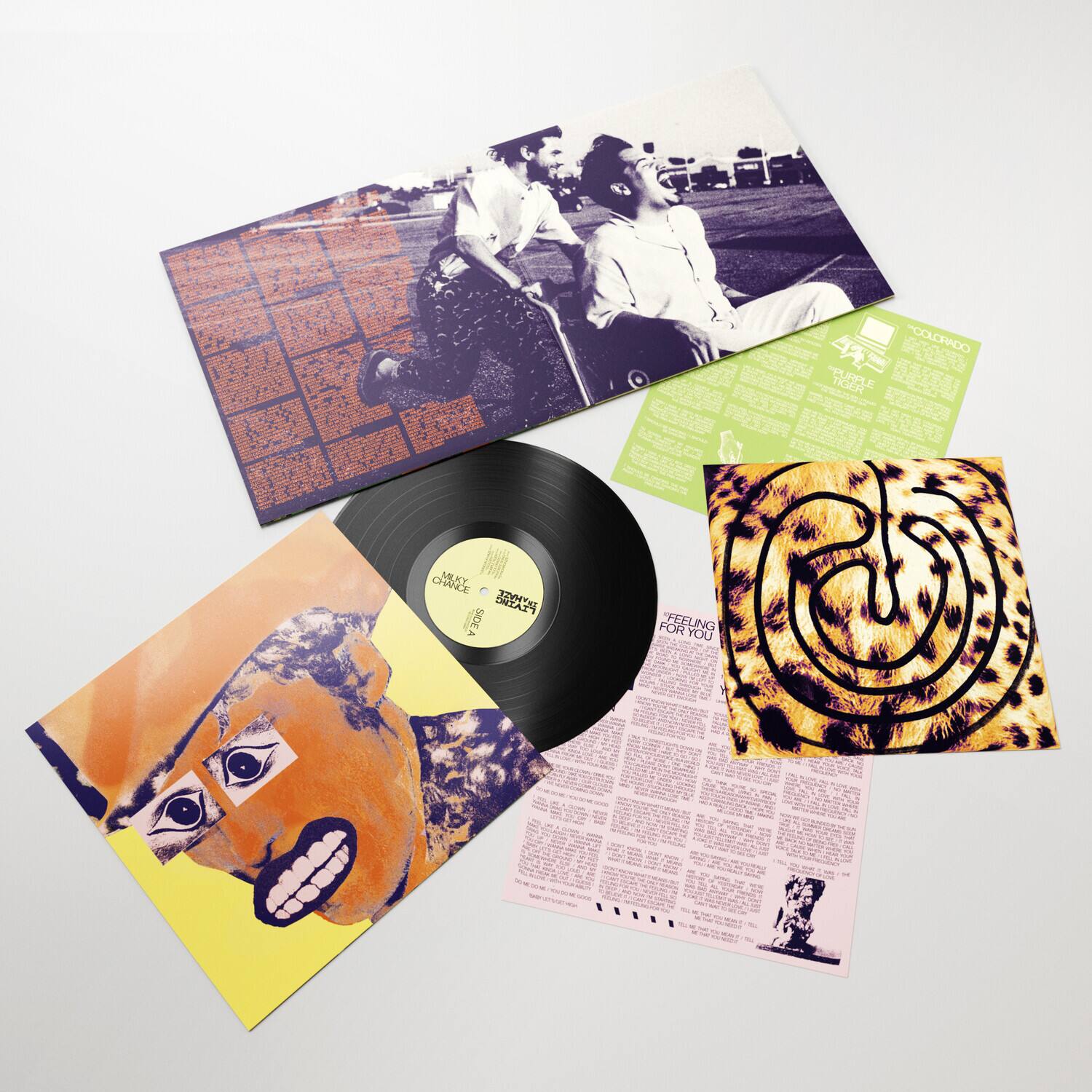 Sure, here is the corrected and grouped text from the image:

**Album Cover:**
- "FEELING FOR YOU"

**Vinyl Label:**
- "MUSIC CHOICE"
- "SPECIAL"

**Lyrics Sheet:**
- "FEELING FOR YOU"
- (Lyrics text is too small to read clearly)

**Back Cover:**
- "FEELING FOR YOU"
- (Lyrics text is too small to read clearly)

**Green Insert:**
- "COLORADO"
- "FUNK RIDER"
- (Additional text is too small to read clearly)

**Photograph:**
- (No discernible text)

**Other Text:**
- "POOL"
- "COLORADO"
- "PURPLE"
- "TKIER"
- "CRANCE"
- "MLKY"
- "IE"
- "A"
- "SIDE"

The text appears to be a mix of album-related information, lyrics, and possibly some promotional or cataloging details.