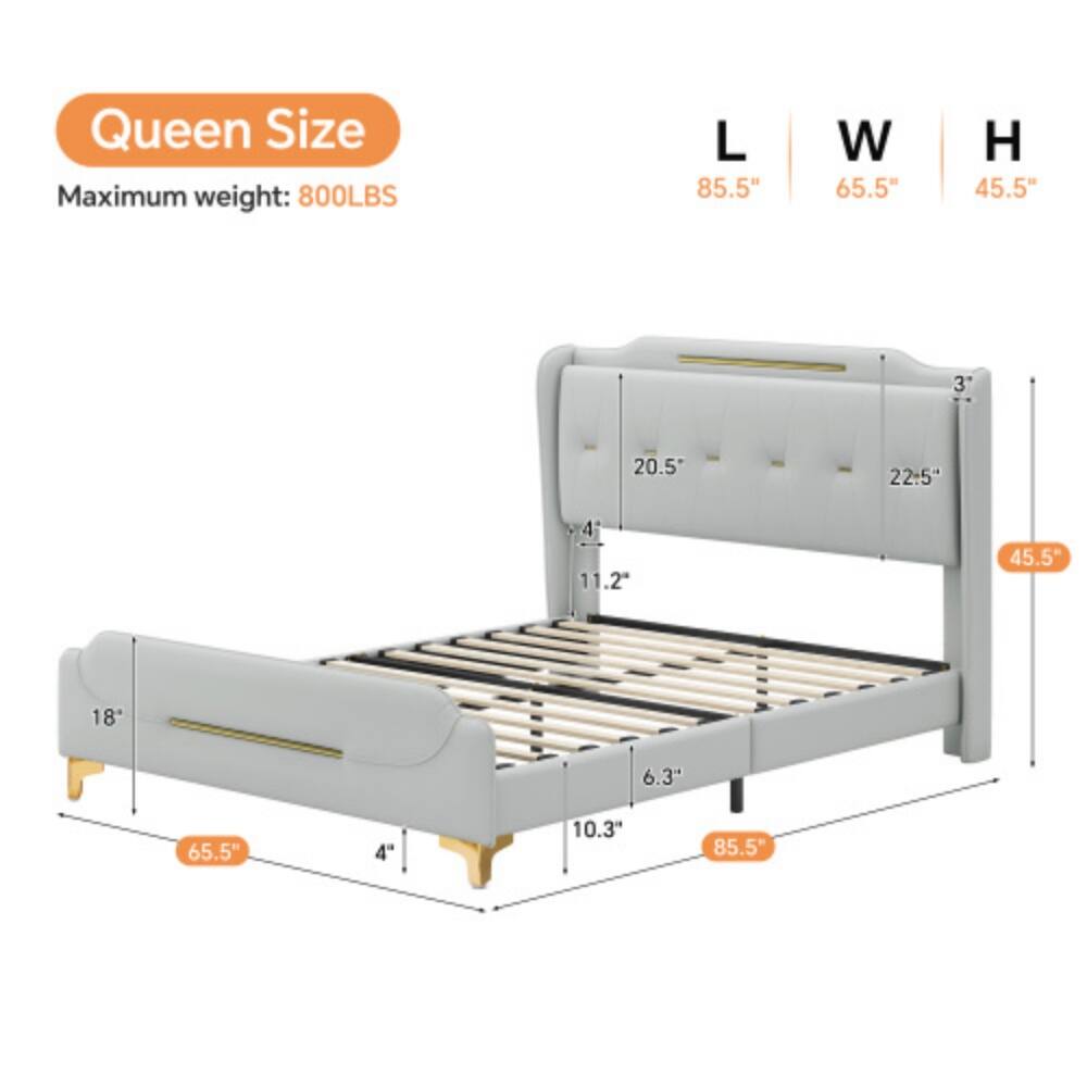 Queen Size  
Maximum weight: 800LBS  
L 85.5"  
W 65.5"  
H 45.5"  
3"  
20.5"  
22.5"  
11.2"  
45.5"  
18"  
6.3"  
65.5"  
4"  
10.3"  
85.5"
