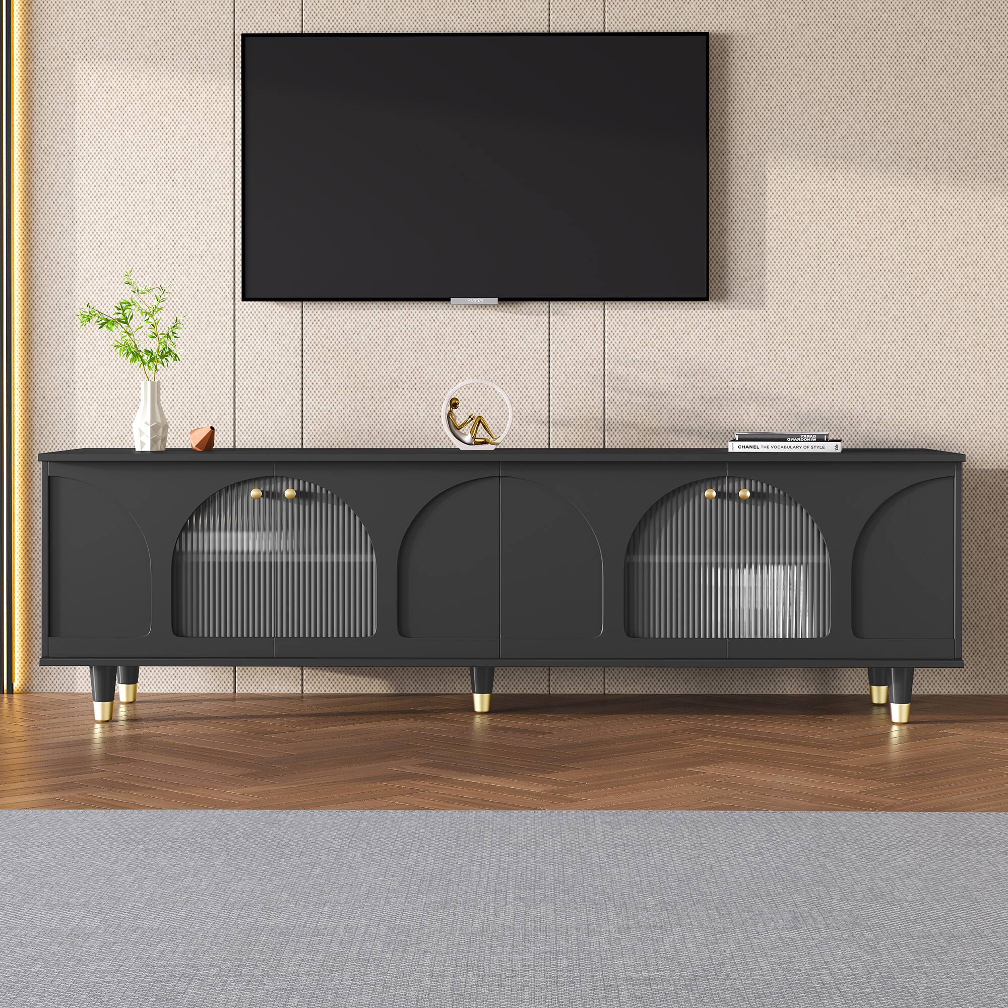 Angle. APRILSOUL - Contemporary TV Stand for TVs Up to 78 Gold Handles Arch Fluted Glass Black Living Room - Black.