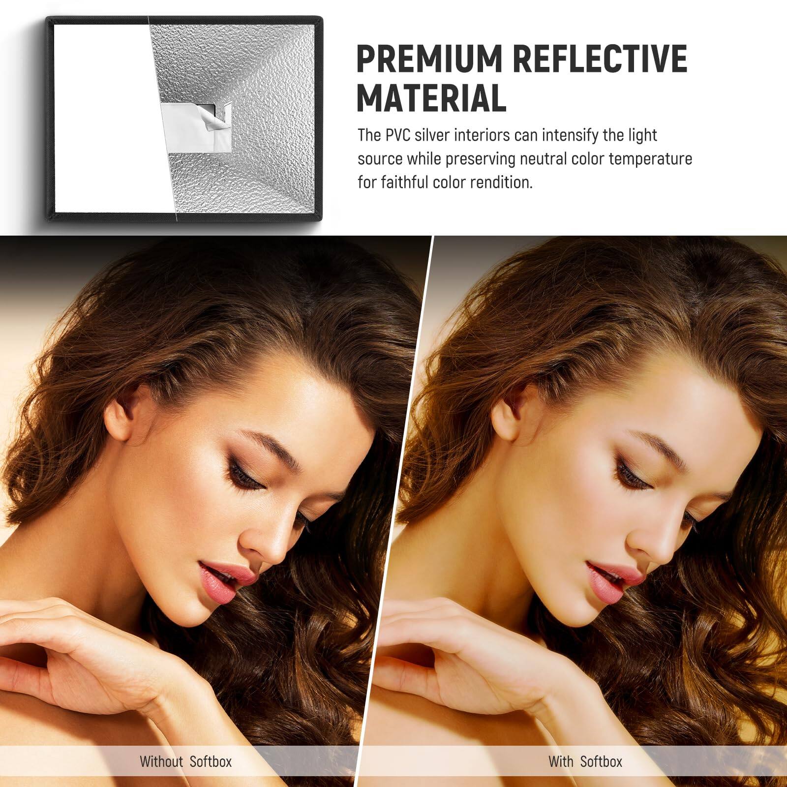 PREMIUM REFLECTIVE MATERIAL

The PVC silver interiors can intensify the light source while preserving neutral color temperature for faithful color rendition.

Without Softbox | With Softbox