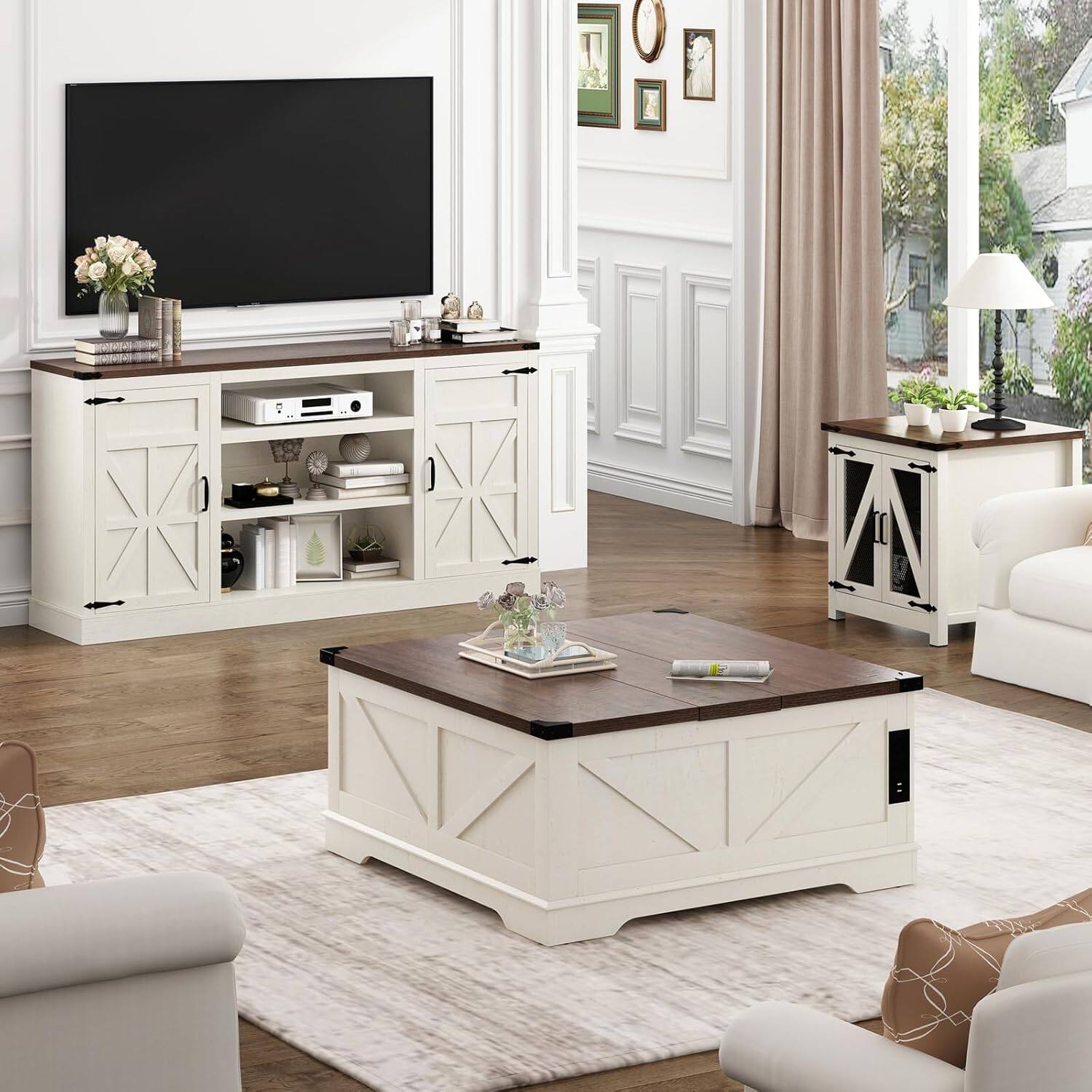 Angle. Espafurni - 66" Farmhouse TV Stand w/Power Outlet, 33"H, Adjustable Shelves & Storage – Fits 75" TV - White.