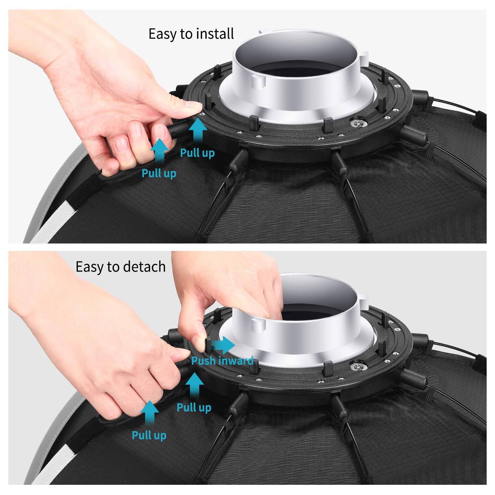 Easy to install  
Pull up  
Pull up  

Easy to detach  
Push inward  
Pull up  
Pull up