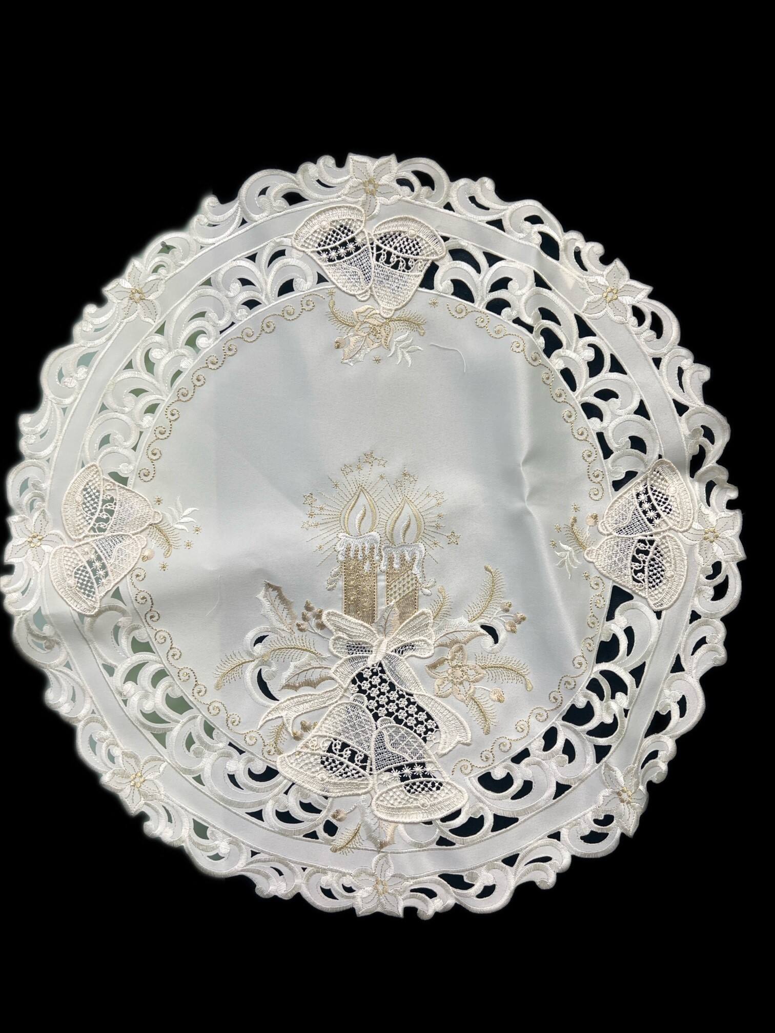 Front. Jiallo - Christmas Candle Beige Lace Embroidered Cutwork Round Placemat, 23-Inch diameter Table Linen - Beige.