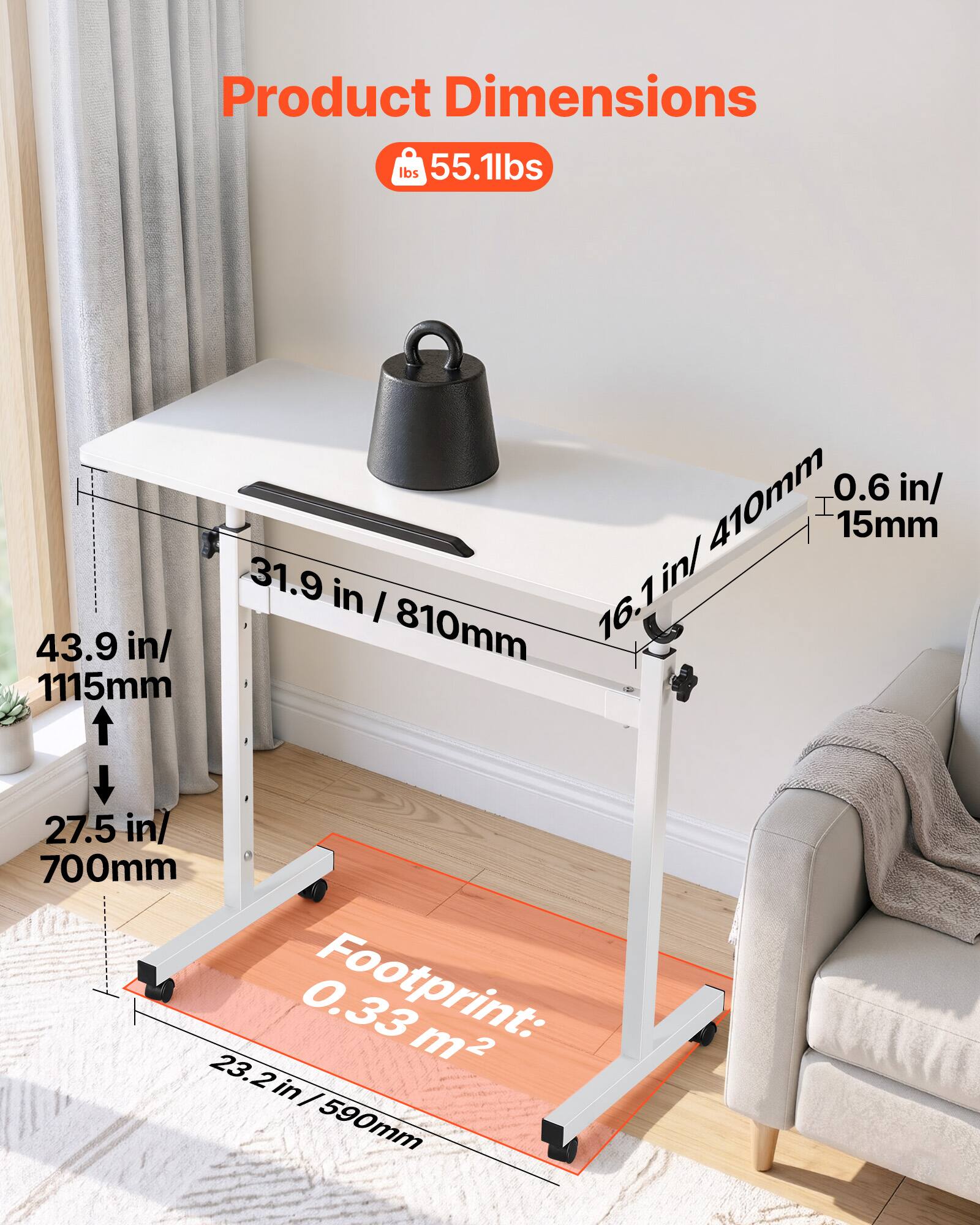 Product Dimensions:  
- Weight: 55.1 lbs  
- Length: 43.9 in / 1115 mm  
- Width: 31.9 in / 810 mm  
- Height: 16.1 in / 410 mm  
- Thickness: 0.6 in / 15 mm  
- Footprint: 27.5 in / 700 mm x 23.2 in / 590 mm  
- Area: 0.33 m²