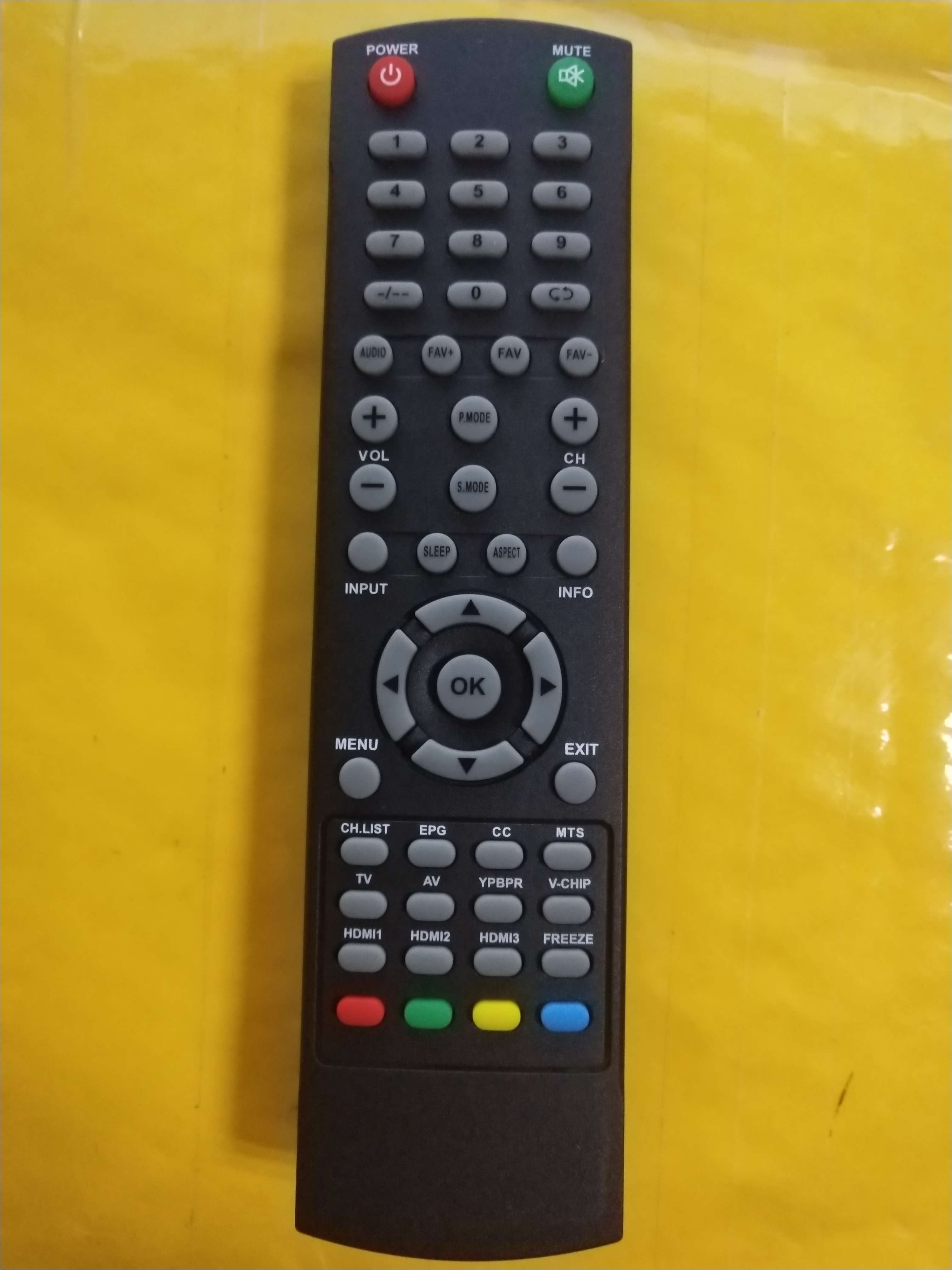 POWER MUTE  
1 2 3 4 5 6 7 8 9 0  
AUDIO FAV+ FAV FAV-  
VOL + CH -  
CODE + S.MODE -  
SLEEP ASPECT  
INPUT OK EXIT  
MENU CC MTS  
CH.LIST EPG  
TV AV YPBPR V-CHIP  
HDMI1 HDMI2 HDMI3 FREEZE