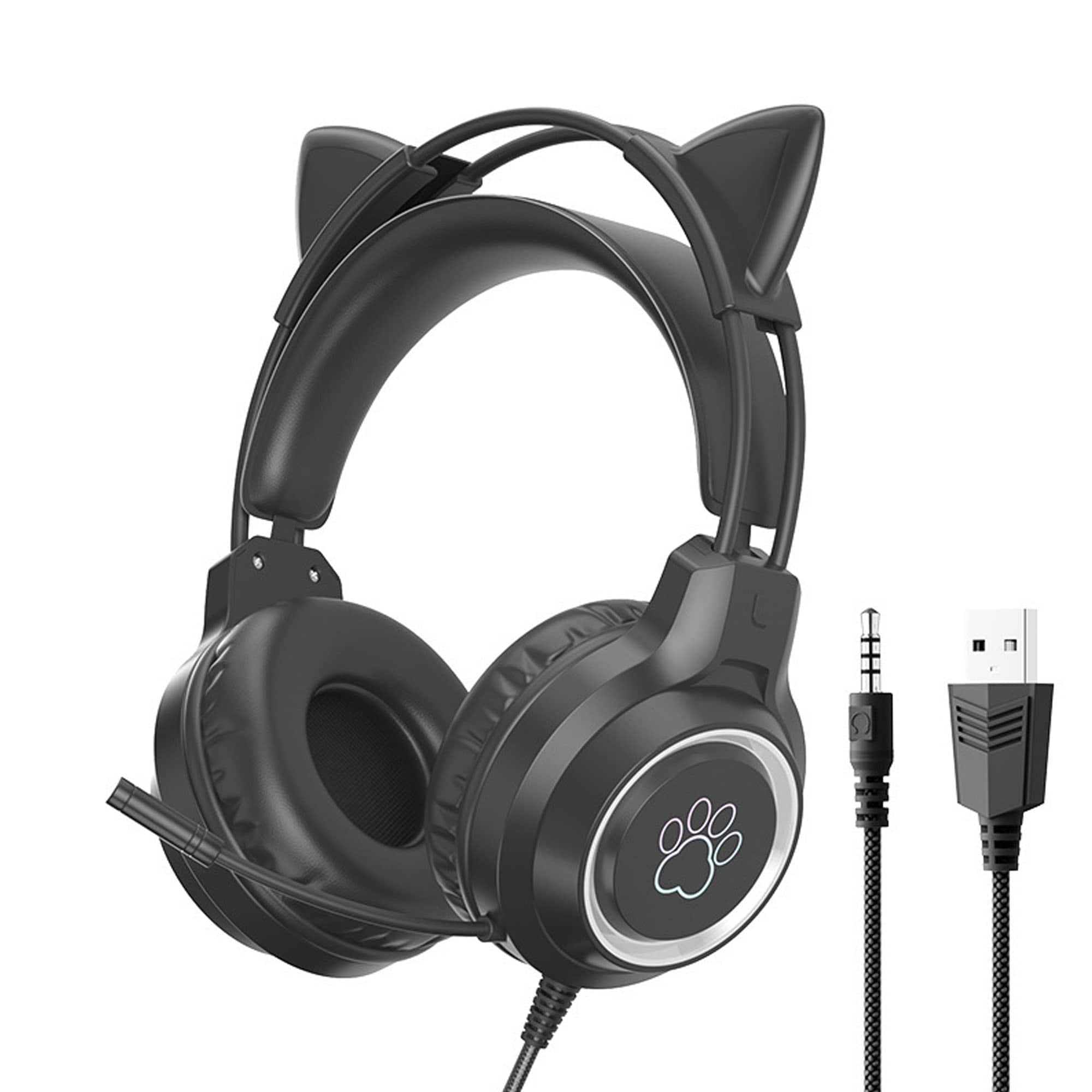 YONWAY - Gaming Headset with Removable Cat Ears, 3.5mm Wired Headphones with Adjustable Microphone and RGB Light for PS4/Switch