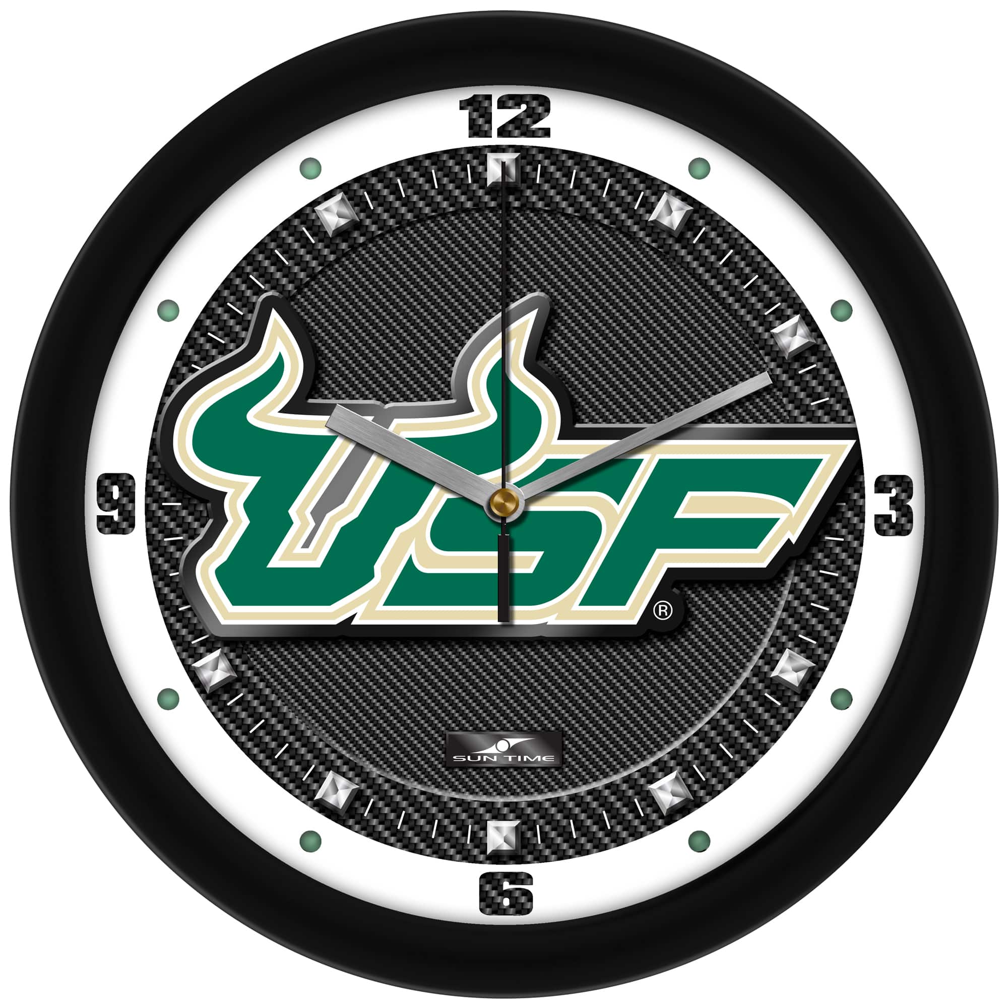 MpDirect - South Florida Bulls 11.5'' Suntime Premium Glass Face Carbon Fiber Wall Clock - Multicolor