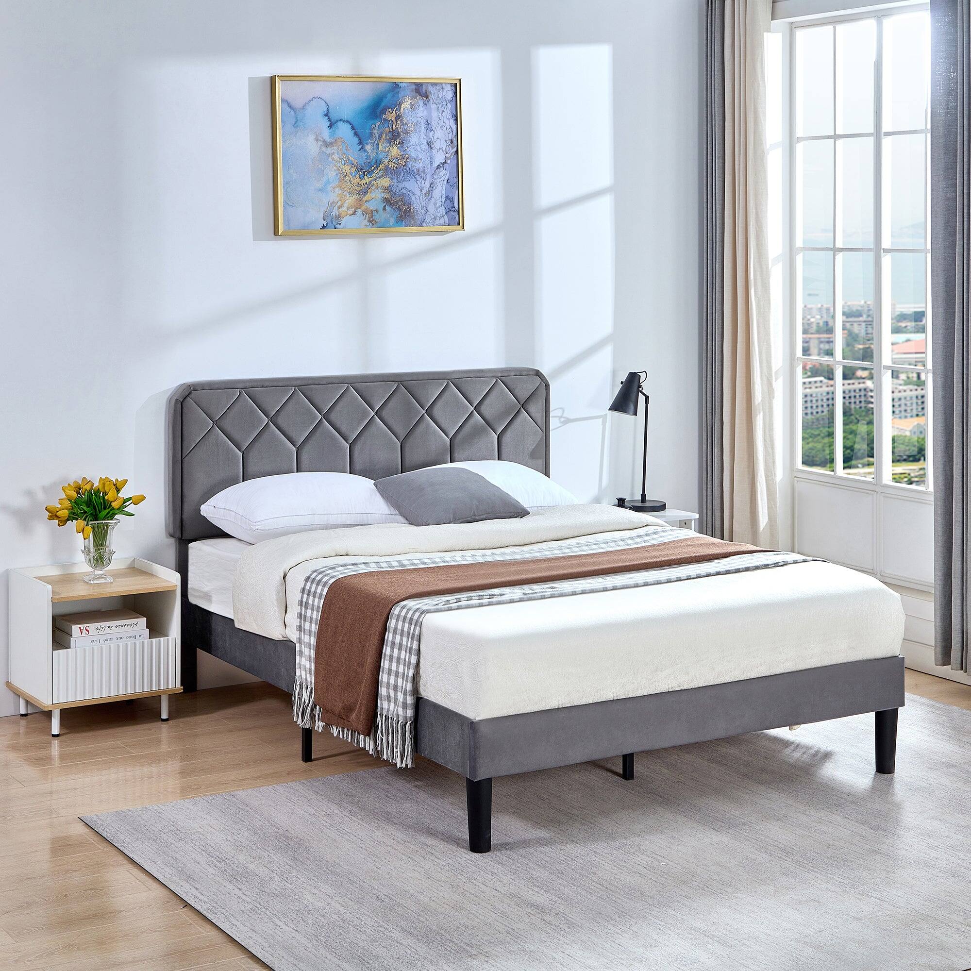Angle. Vecelo - Queen Size Upholstered Bed With Adjustable Headboard And Underbed Storage - Metal Platform Bed,Quiet Design - Dark Grey.