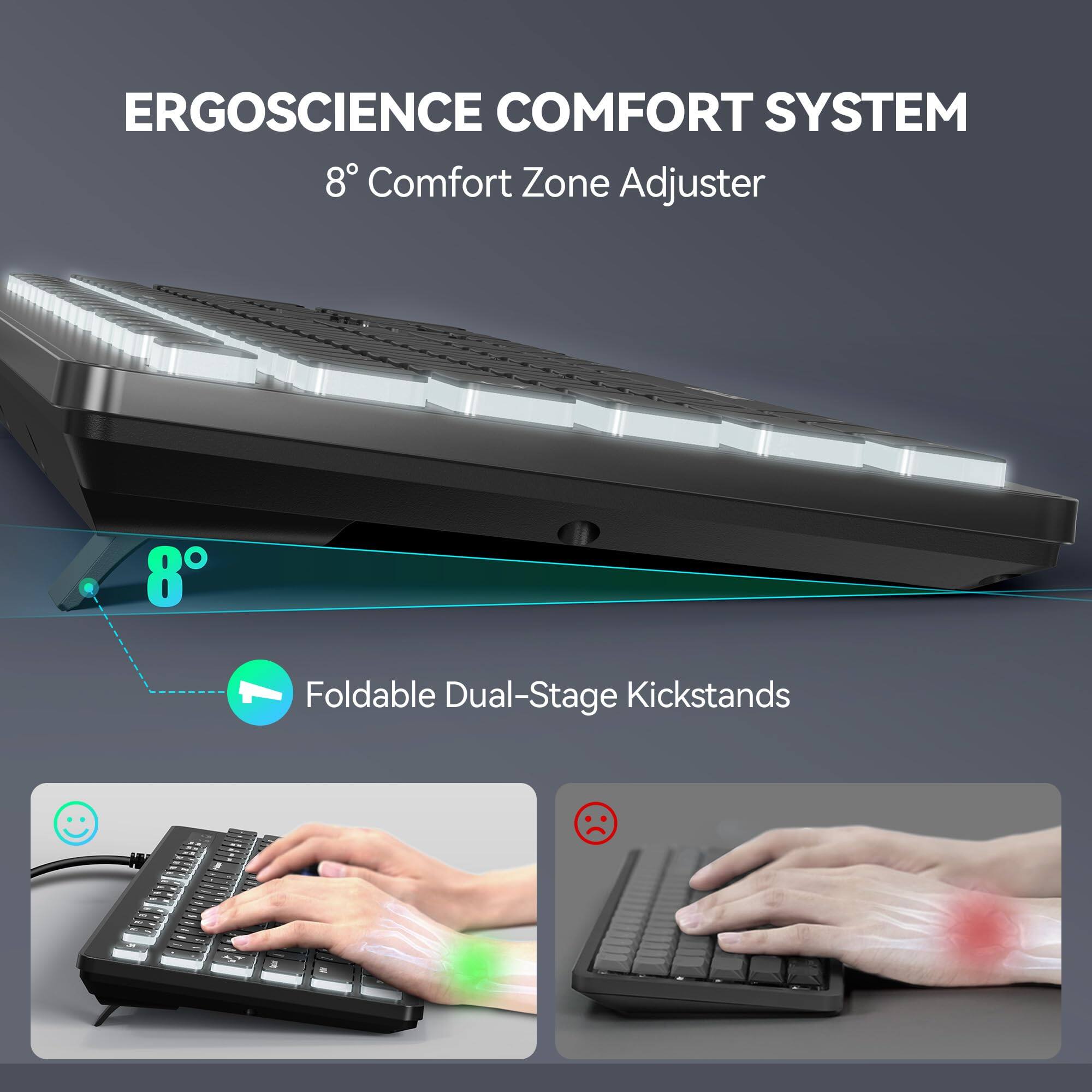 ERGOSCIENCE COMFORT SYSTEM  
8° Comfort Zone Adjuster  

Foldable Dual-Stage Kickstands