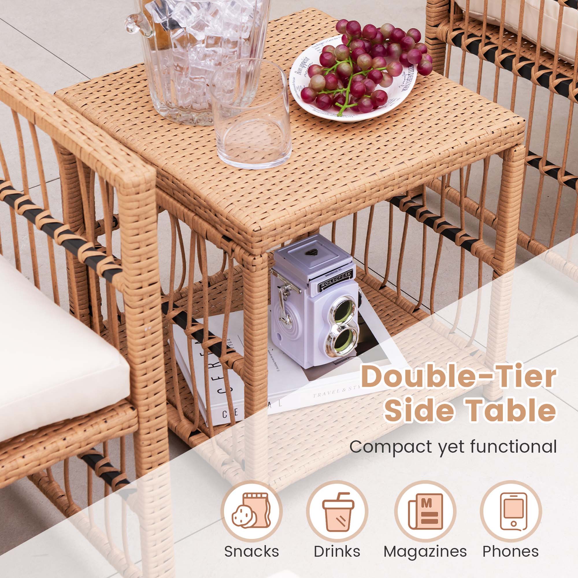 Double-Tier Side Table  
Compact yet functional  

- Snacks  
- Drinks  
- Magazines  
- Phones