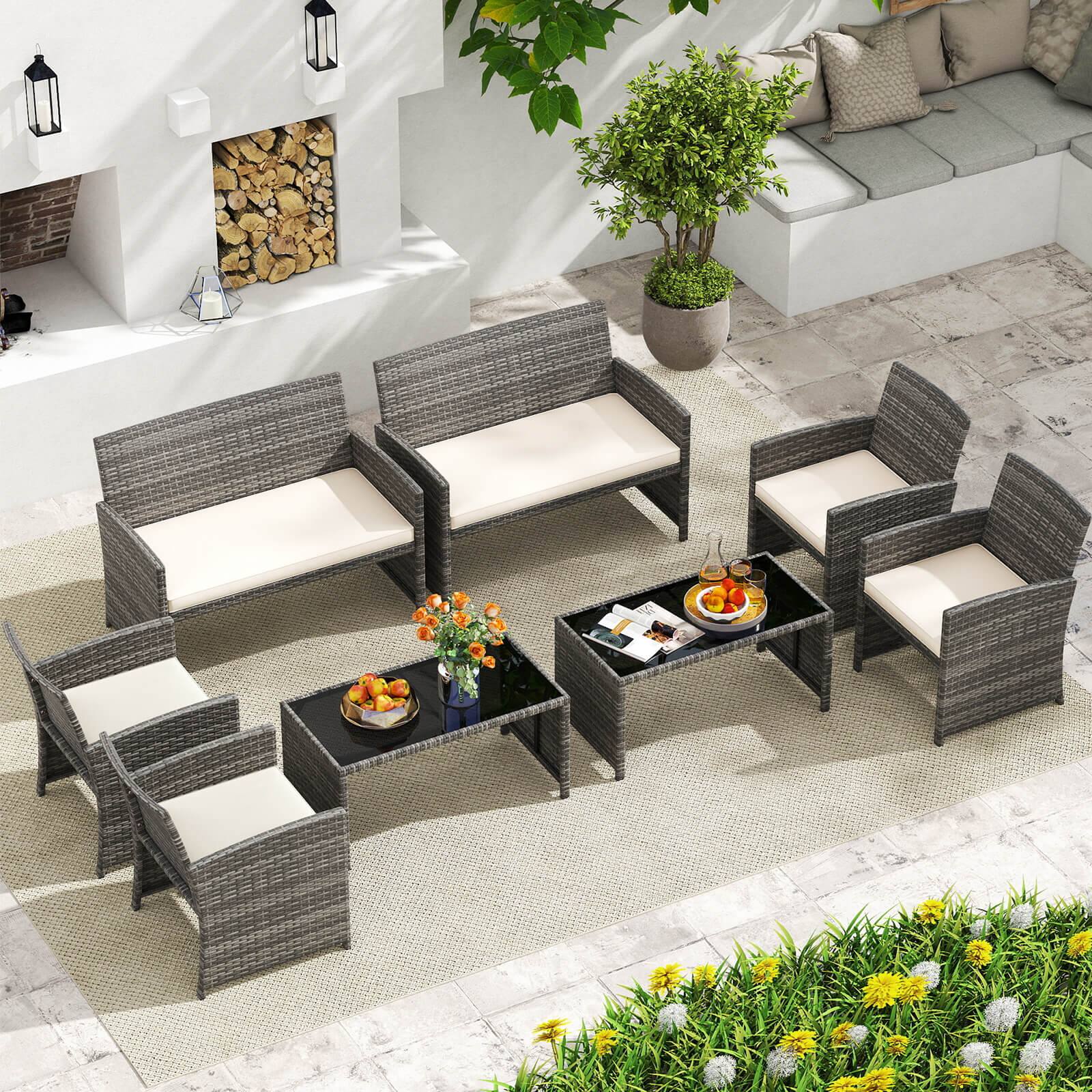 Alt View 1. Costway - Costway 8 PCS Patio Conversation Set with Seat Cushions & Tempered Glass Tabletop, Outdoor - Off-White,Gray.