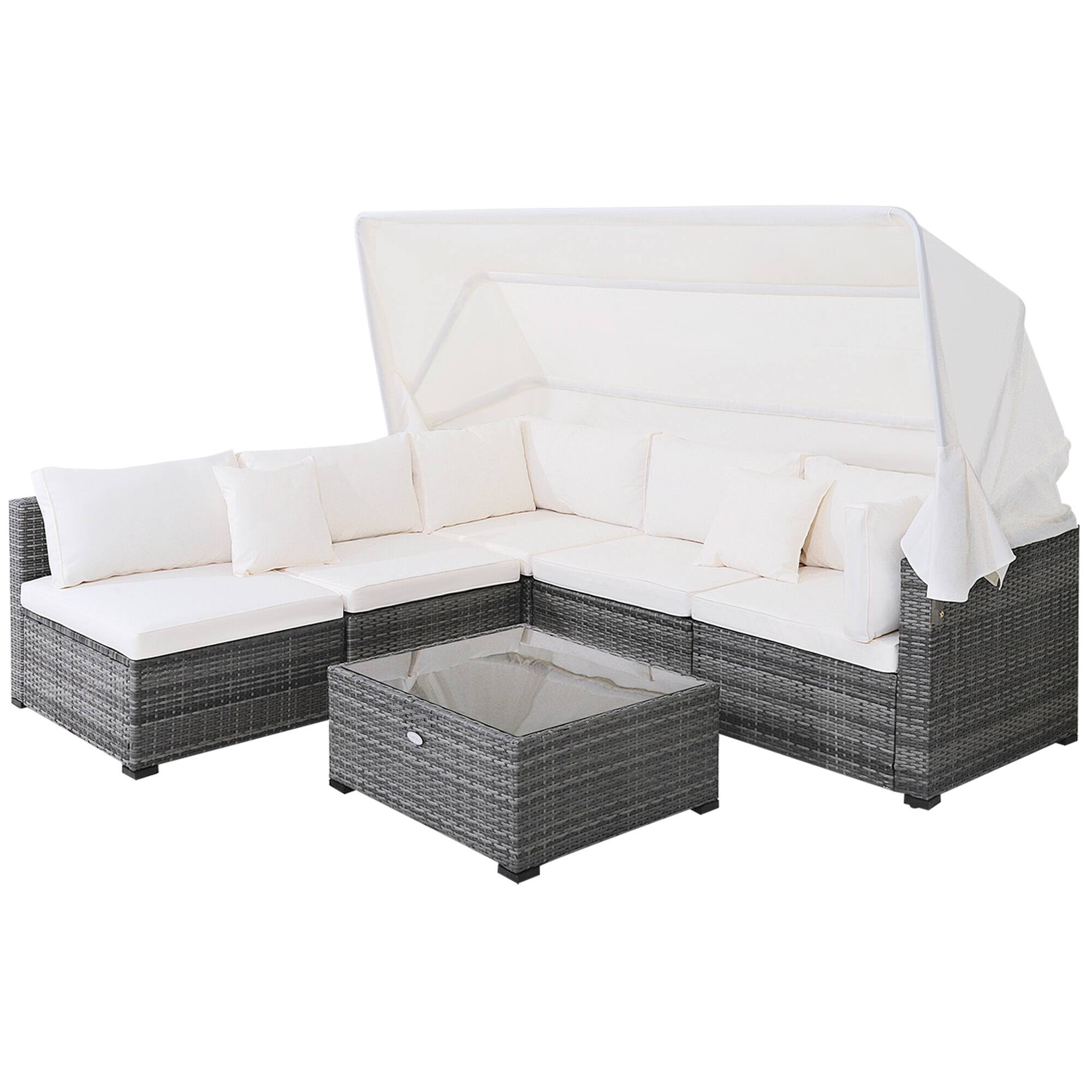 Alt View 8. Gymax - Gymax 6 PCS PE Rattan Patio Furniture Set w/ Tempered Glass Table and Retractable Canopy - Mix Grey.
