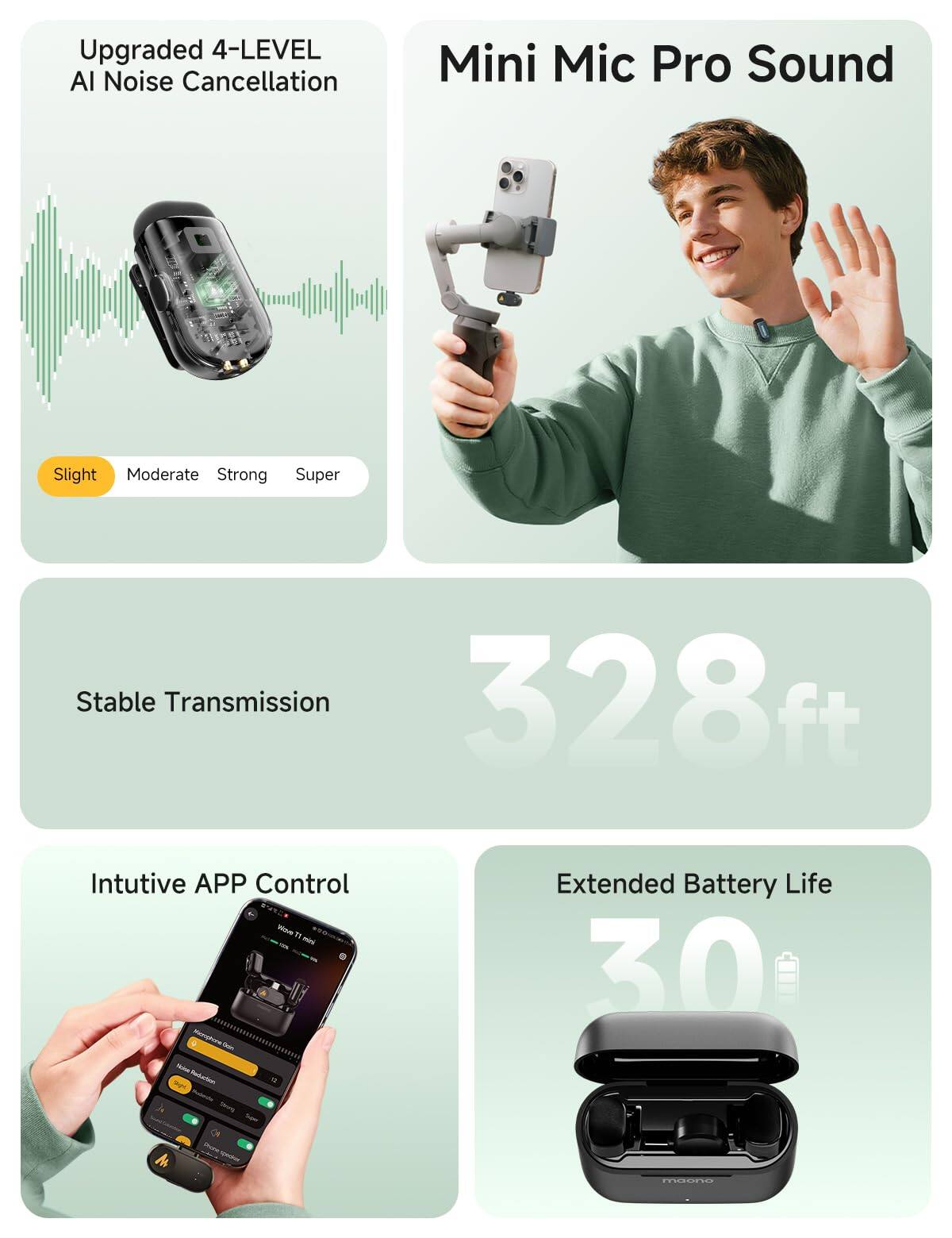 Upgraded 4-LEVEL AI Noise Cancellation  
Mini Mic Pro Sound  
Slight Moderate Strong Super  

Stable Transmission  
328ft  

Intuitive APP Control  

Extended Battery Life  
30