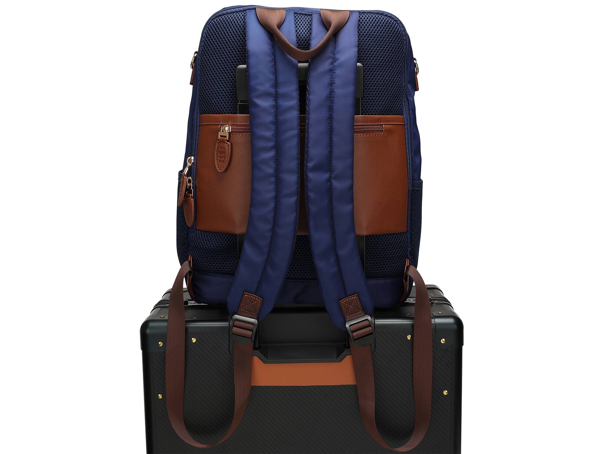 Left. Elle - ELLE Luxe Journey 18L Twill and Vegan Leather Backpack - Navy - Navy.