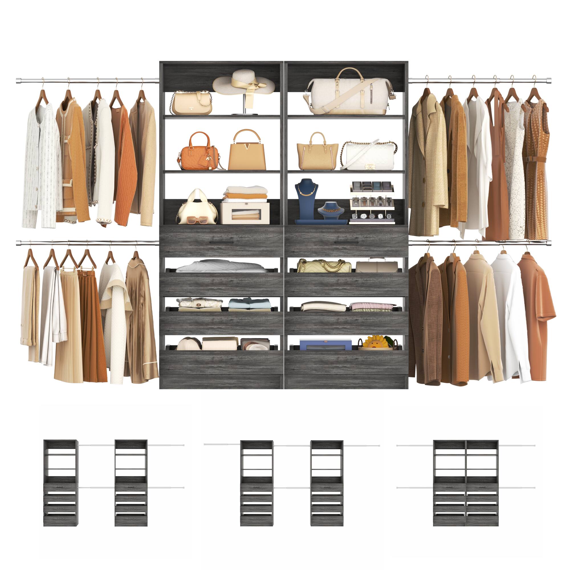 Left. Aheaplus - 6-15Ft Wood Walk-in Closet Organizer: 8 Drawers, 4 Hanging Rods & Tower - Gray Oak.