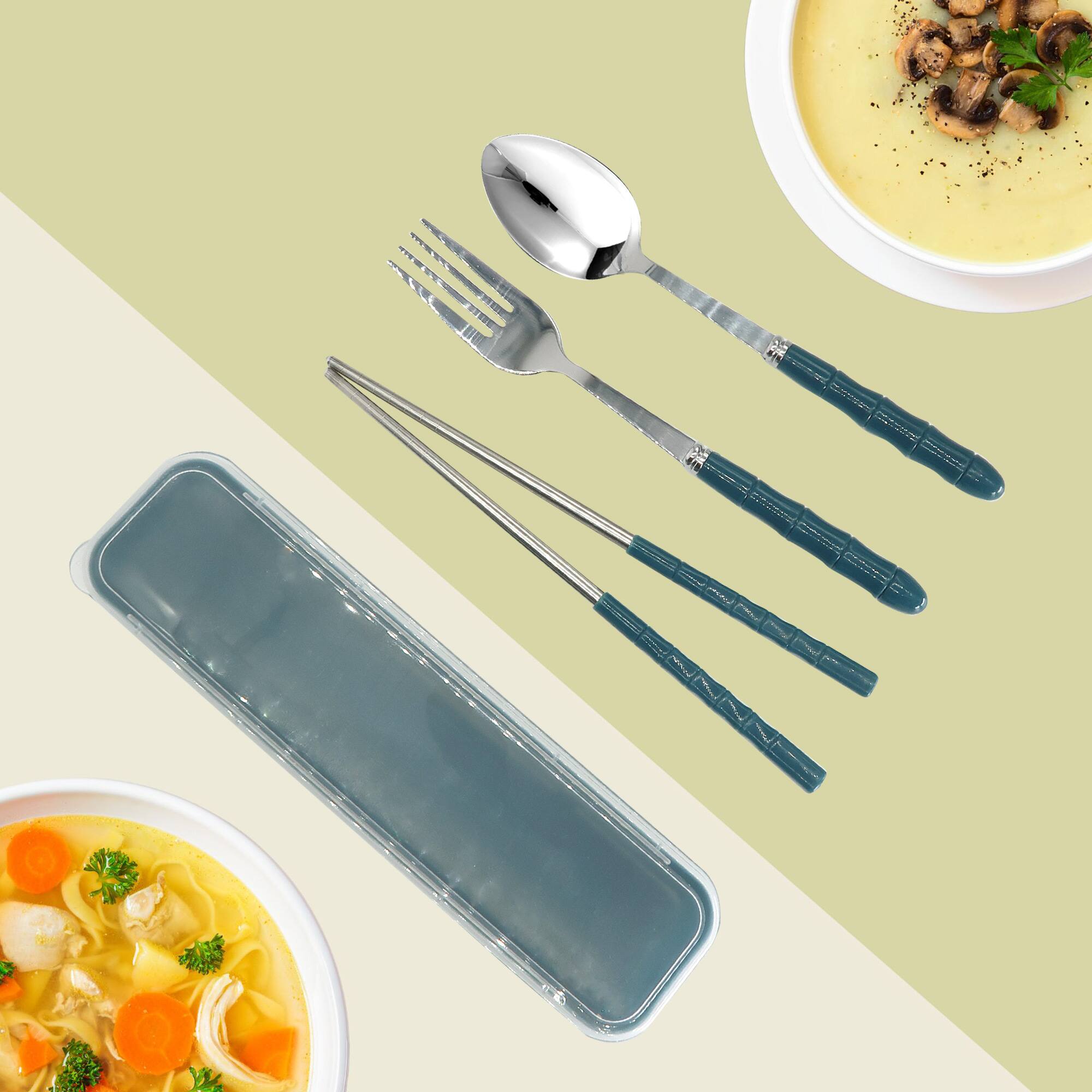 Angle. all - 10x Eco-Friendly Stainless Steel Cutlery Set – Spoon, Fork & Chopsticks in Convenient Case for Students and Travel.
