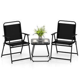 Gymax - 3-Piece Patio Furniture Set Folding Fabric Chairs & Marble-Like Top Coffee Table - Black