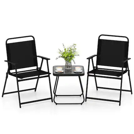 Front. Gymax - Gymax 3-Piece Patio Furniture Set Folding Fabric Chairs & Marble-Like Top Coffee Table - Black.