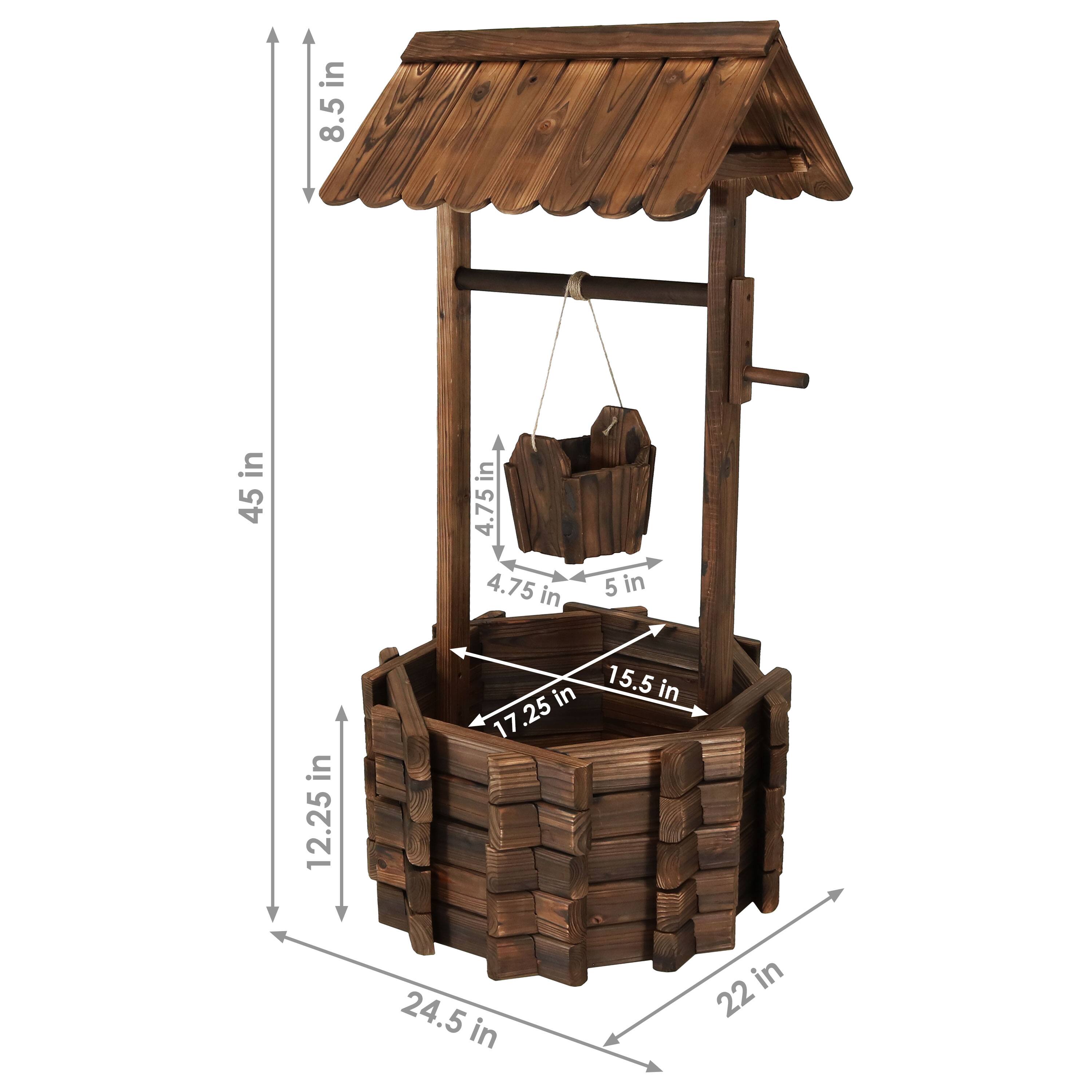 - Height: 45 in
- Width: 24.5 in
- Depth: 22 in
- Height of roof: 8.5 in
- Depth of roof: 5 in
- Width of basket: 17.25 in
- Depth of basket: 15.5 in
- Height of basket: 12.25 in
- Height of hanging birdhouse: 4.75 in