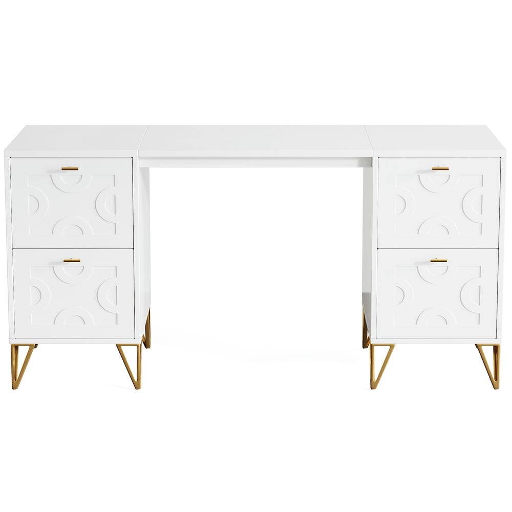 Back. Resenkos - Kadyn Study Writing Desk 59" White Computer Desk with File Drawers, Wood Executive Desk for Home Office,White - White.
