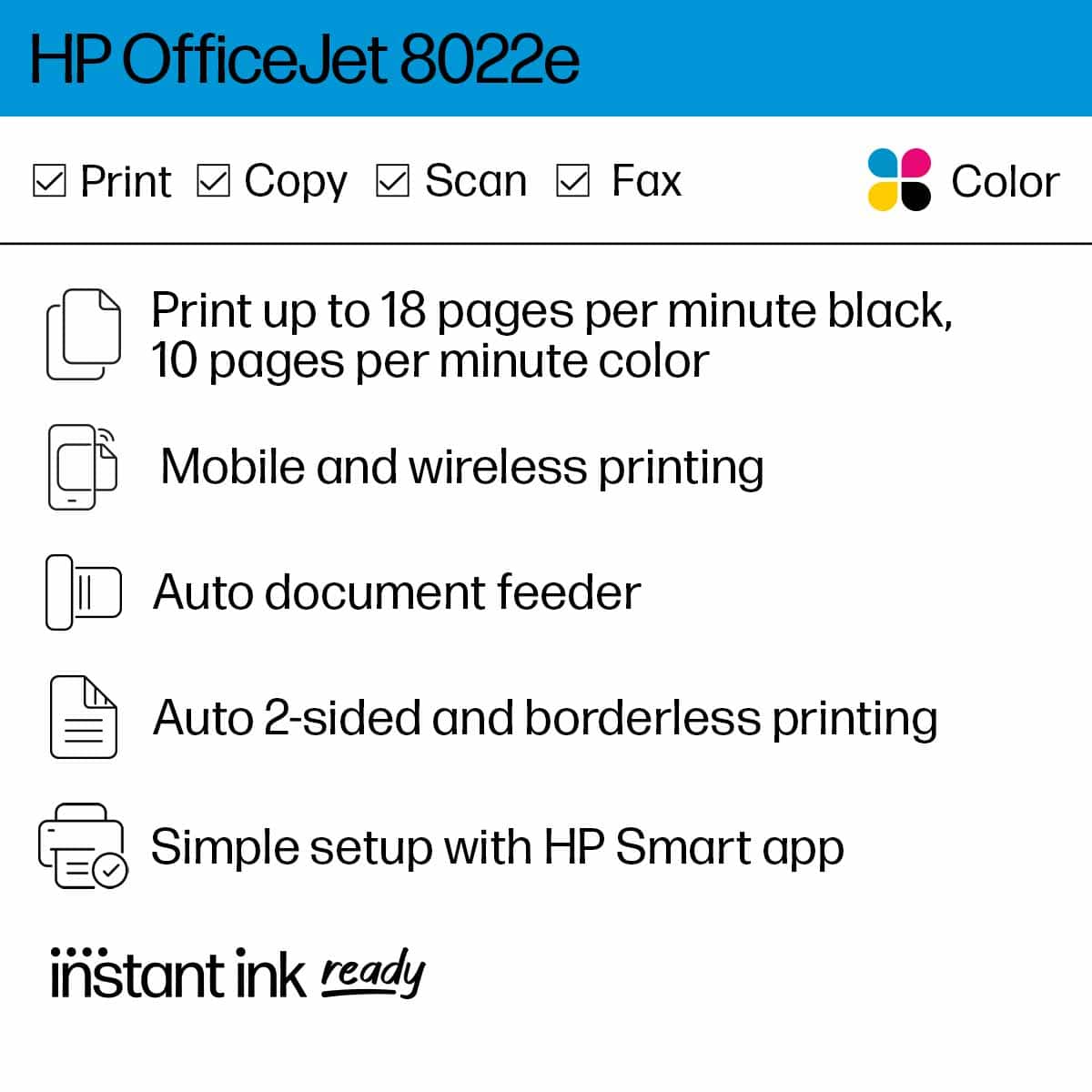 The HP OfficeJet 8022e is a versatile printer that offers a range of features, including print, copy, scan, and fax capabilities. It can print up to 18 pages per minute in black and white, and 10 pages per minute in color. The printer also supports mobile and wireless printing, making it convenient for users to print from their smartphones or tablets. The auto document feeder allows for easy printing of multiple pages without manual intervention, while the auto 2-sided and borderless printing options enhance the overall printing experience. The printer is also designed for simple setup with the HP Smart app, and it is ready for instant ink, ensuring that users have a hassle-free printing experience.