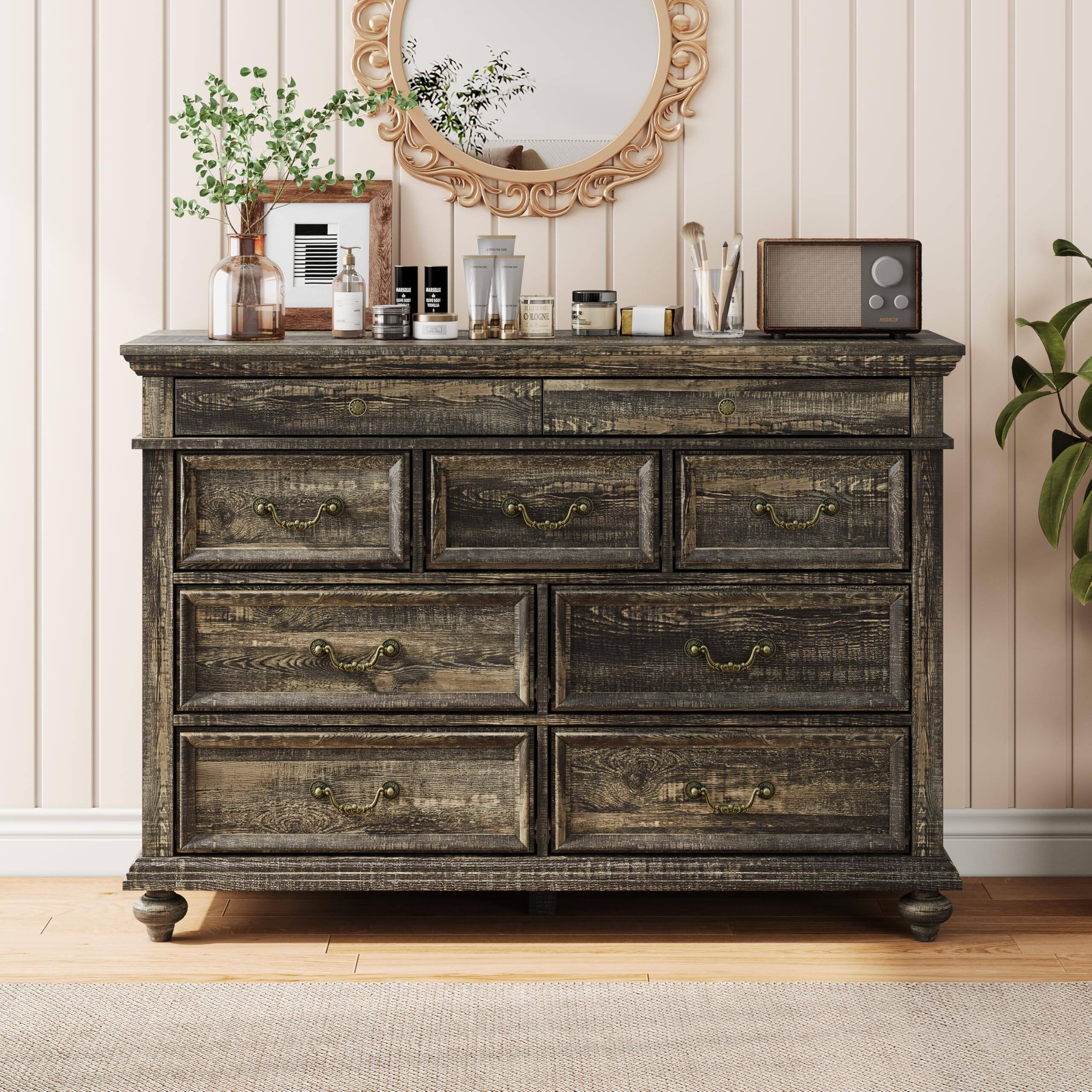 Alt View 2. Homhougo - Farmhouse 9 Drawers Dresser for Bedroom, 47" Wide Wood Rustic Chest of 9 Drawers with Metal Handles - Black.